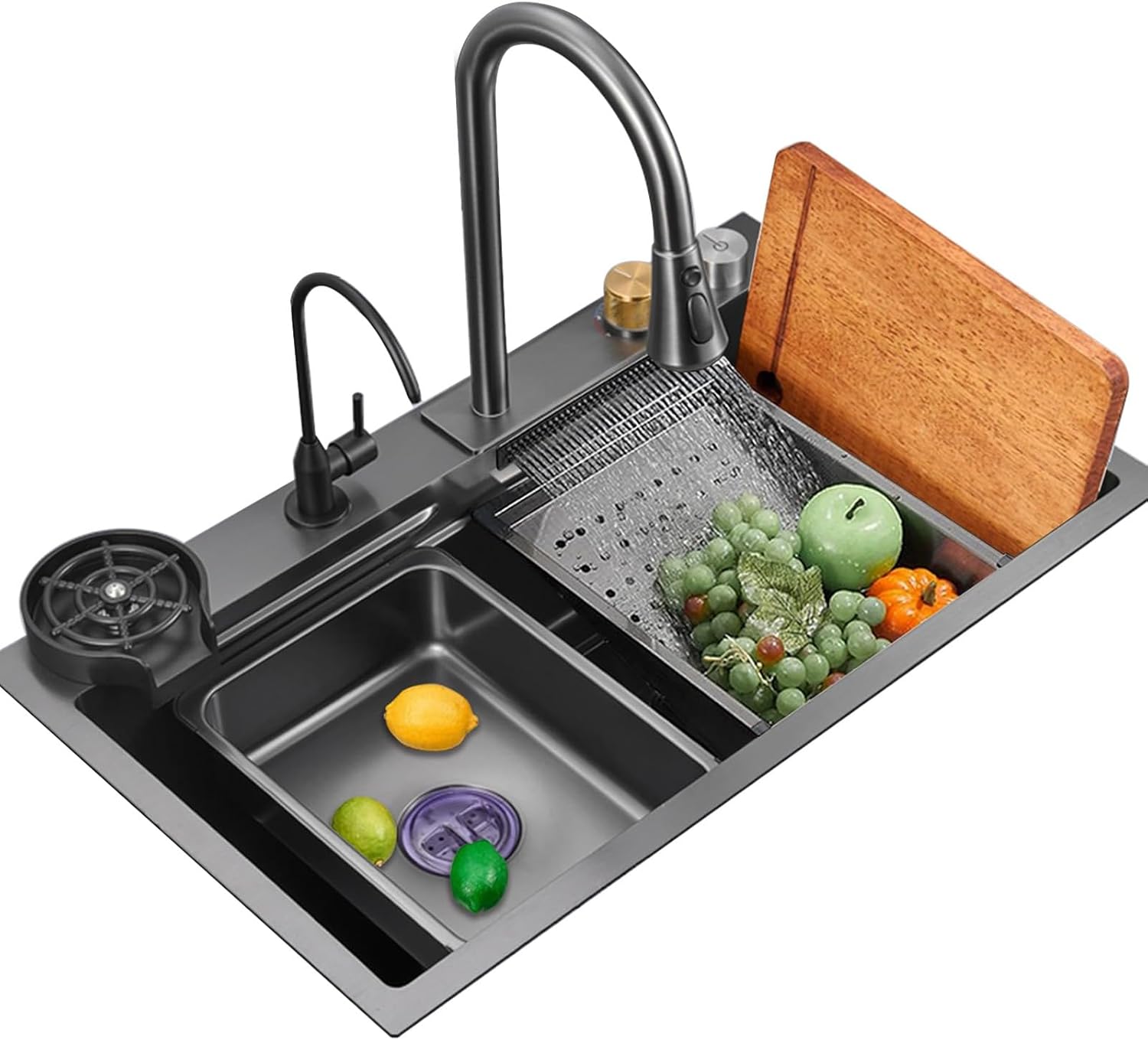 Black Sink with Waterfall Faucet Stainless Steel Sink Kitchen Sink with Cup Washer Black Faucet Large Capacity Sink Complete Accessories (Size : 68x45x22cm)