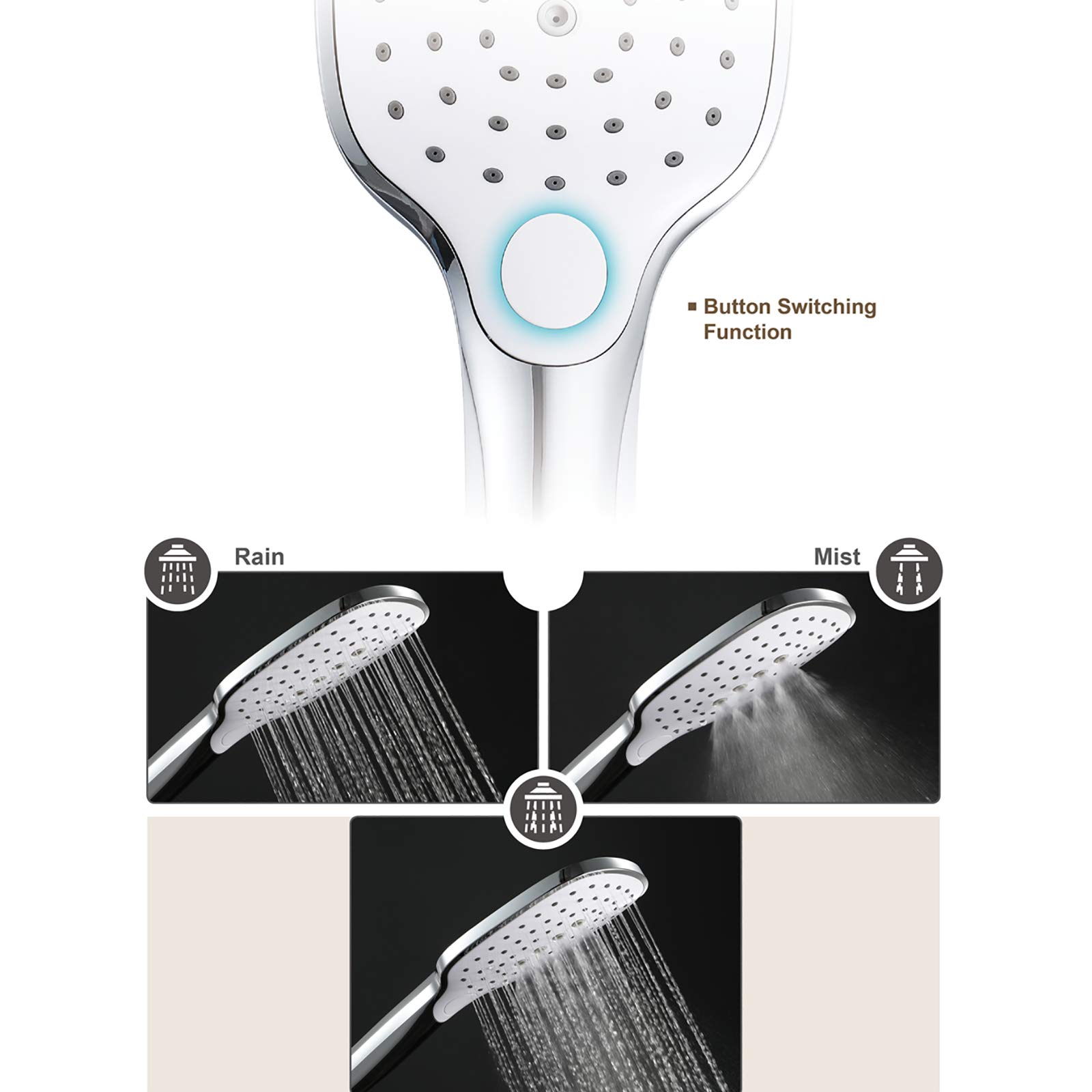 Rociador de Ducha de Mano de Alta Presión Rociador de Ducha de Mano de Cromo de 3 S Rociador de Ducha de Mano de Alto Flujo Universal con Soporte de Ducha de Manguera de 1,5 M