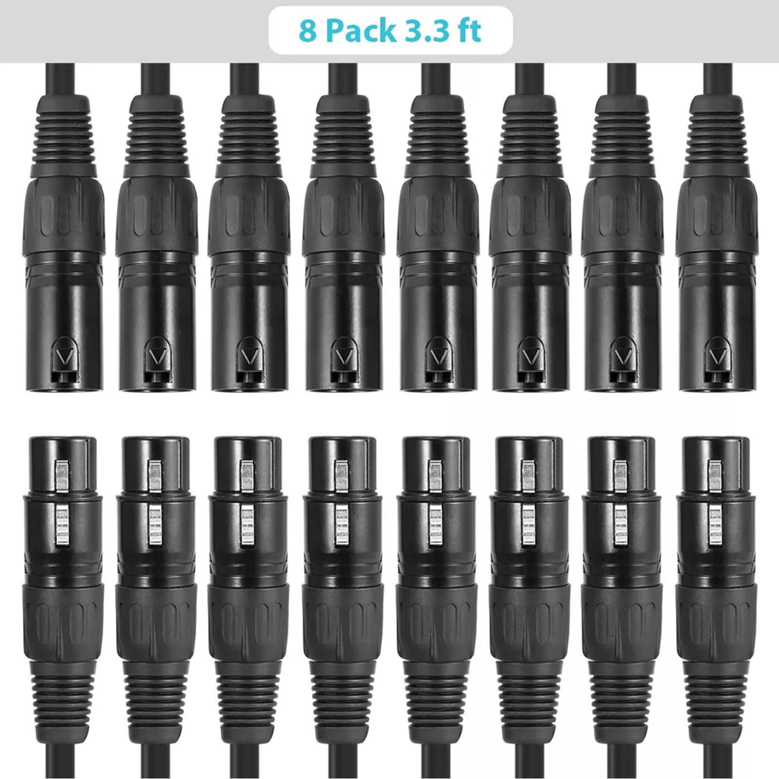 POPETPOP Lot de 8 Câbles Dmx 3 Broches en Métal Noir, Longueur 1 Mètre, pour Éclairage de Scène, Projecteurs, Microphones et Matériel Audio, Câbles D’éclairage Robustes et Connexion