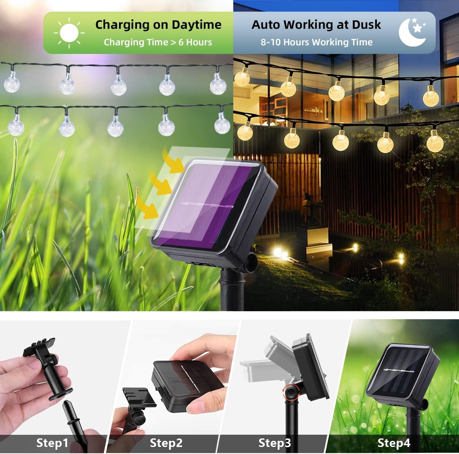 Guirnalda de luces solares impermeables para exteriores, 1 paquete de 50 luces LED de 2,3 cm cada una, luces solares de patio con 8 modos de iluminación para jardín, patio, porche, fiesta de boda