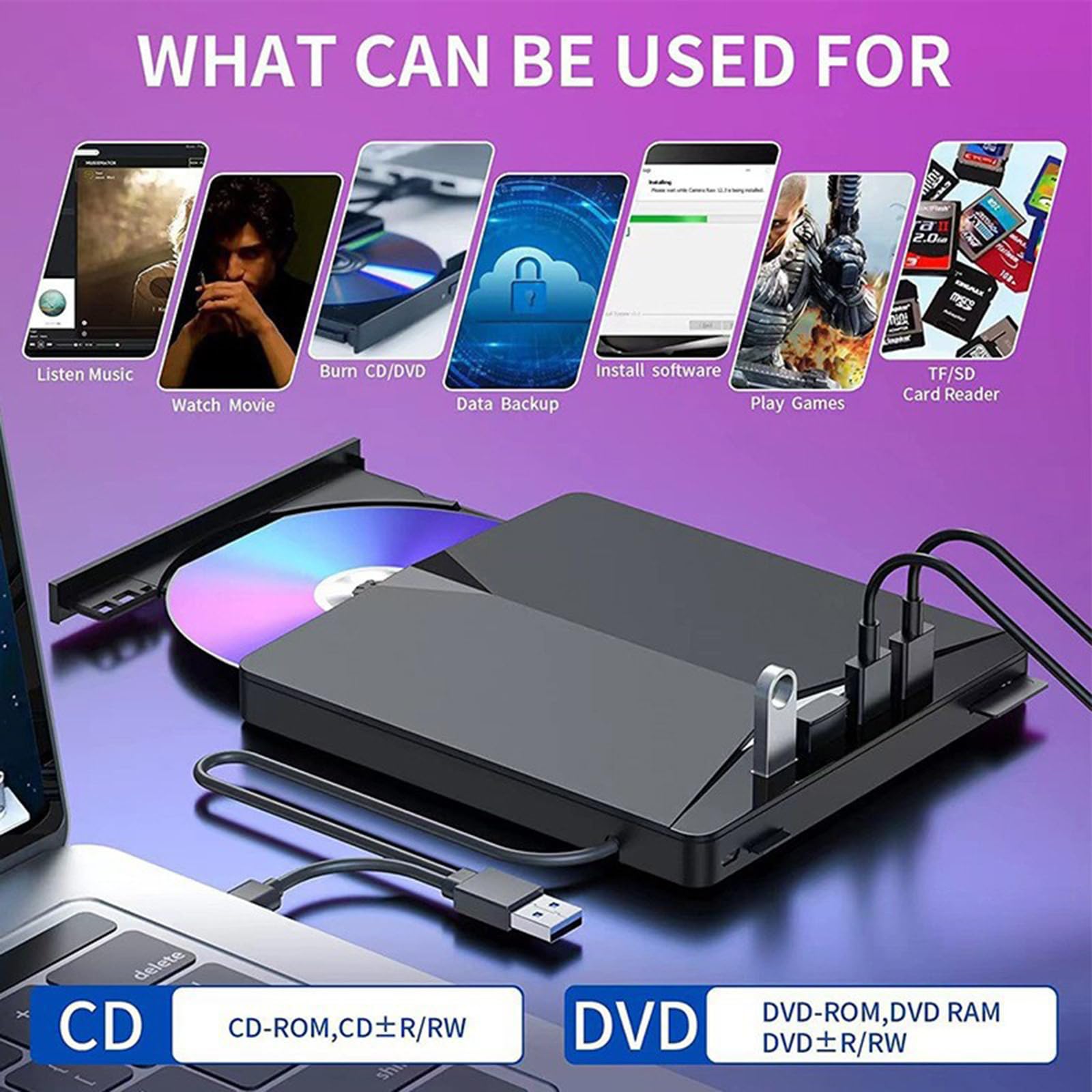 Unità video esterne a 7 porte per laptop, USB C USB3.0, masterizzatore portatile con slot per schede USB, lettore di velocità veloce