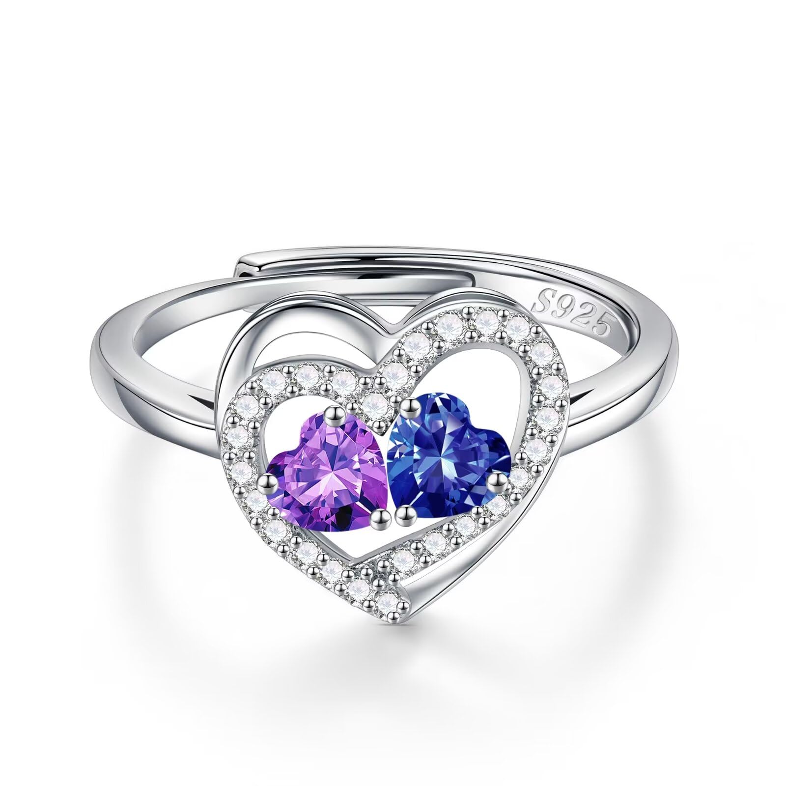 Iefil Adjustable Ring for Women - 925 Sterling Silver Double Birthstone Rings, Anniversary Birthday Gifts for Women Wife Her
