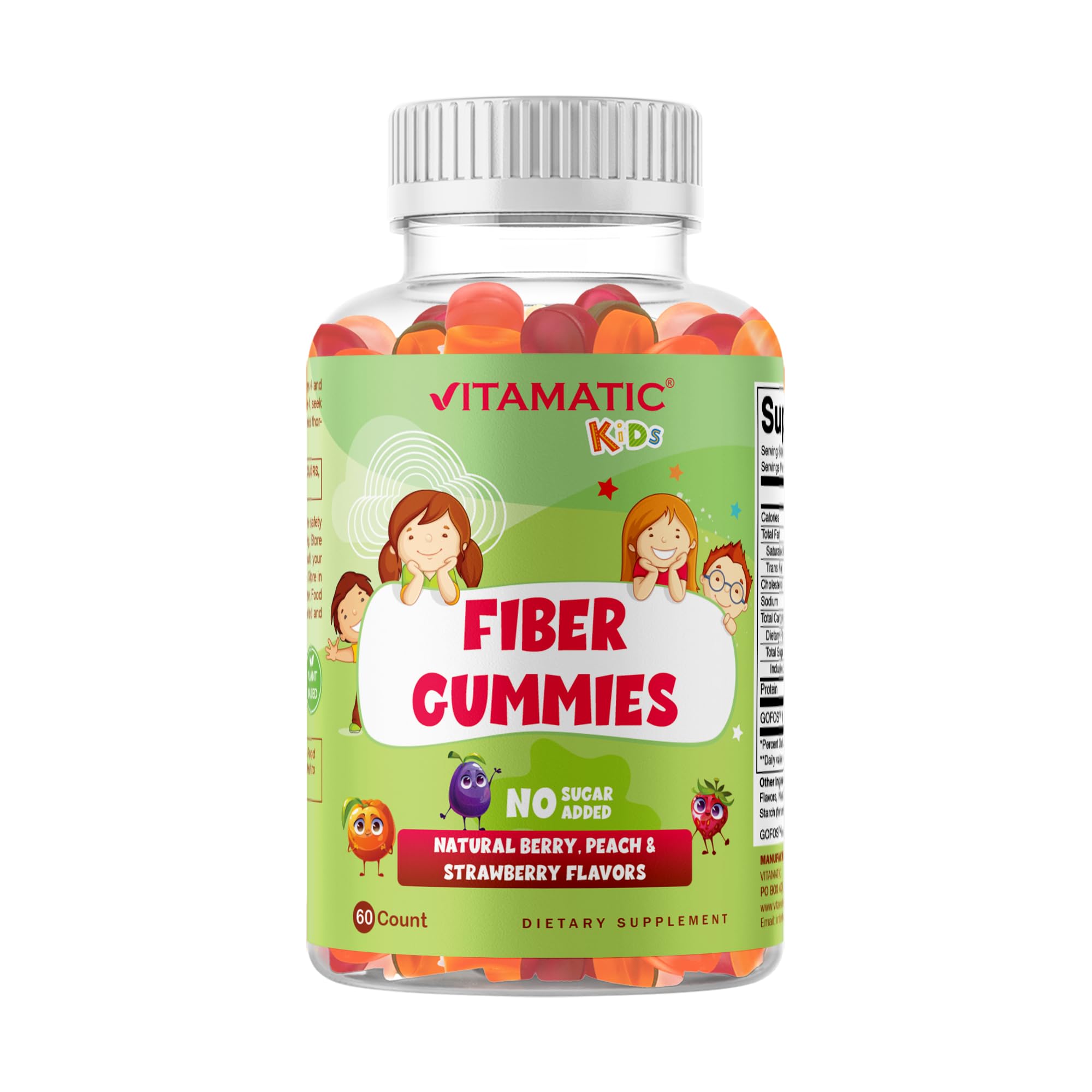 Vitamatic Kids Prebiotic Fiber Gummies – Extra Strength 4g Fiber – Zero Sugar Added – 60 Pectin-Based Gummies – Digestive Health & Regularity Support 60 Count (Pack of 1)
