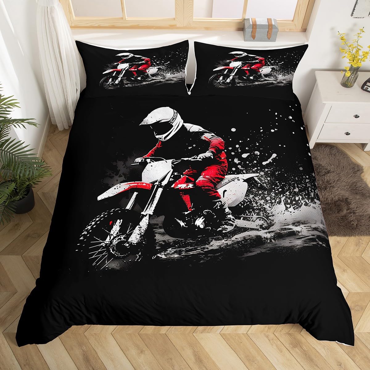 Feelyou Dirt Bike Bedding Set Queen Size Extreme Sports Duvet Cover Ultra Soft Racing Themed Comforter Cover Set for Kids Boys Girls Motorcycle Bedspread Cover Room Decor Motorbike (No Comforter)