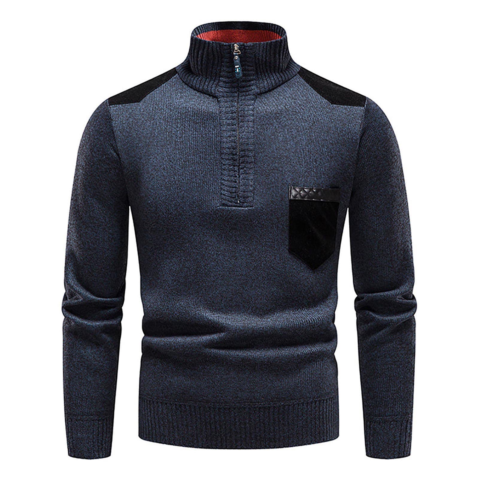Men's Blue Soft Sweaters Quarter Zip Pullover Classic Ribbed Turtleneck Sweater Pocket Jumpers For