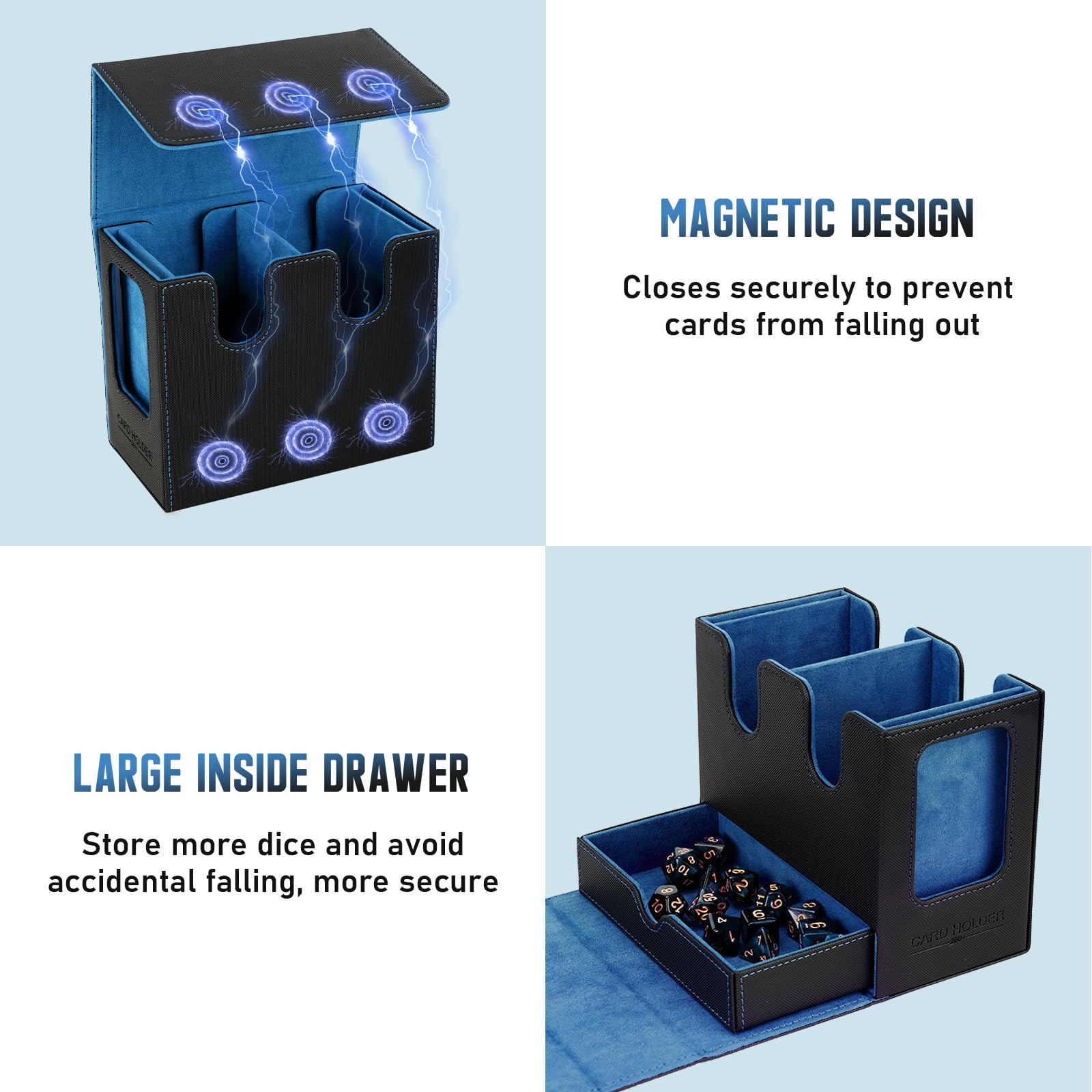 TiMOVO MTG Scatola del Mazzo di Carte Commander con Comandante del Display e Vassoio per Dadi Adatto a 400+ carte non sfoderate, Custodia magnetica in pelle per carte per TCG CCG Magic Cards,Nero+Blu