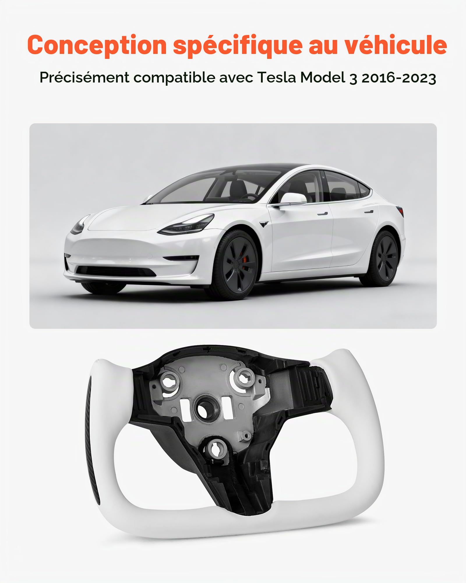 VEVOR Volant Compatible avec Tesla Model 3 (2016-2023), Volant de Direction en Fibre de Carbone, Forme en D, Méplat avec Fonction Chauffante, Poignée en Cuir avec Texture Antidérapante, Blanc