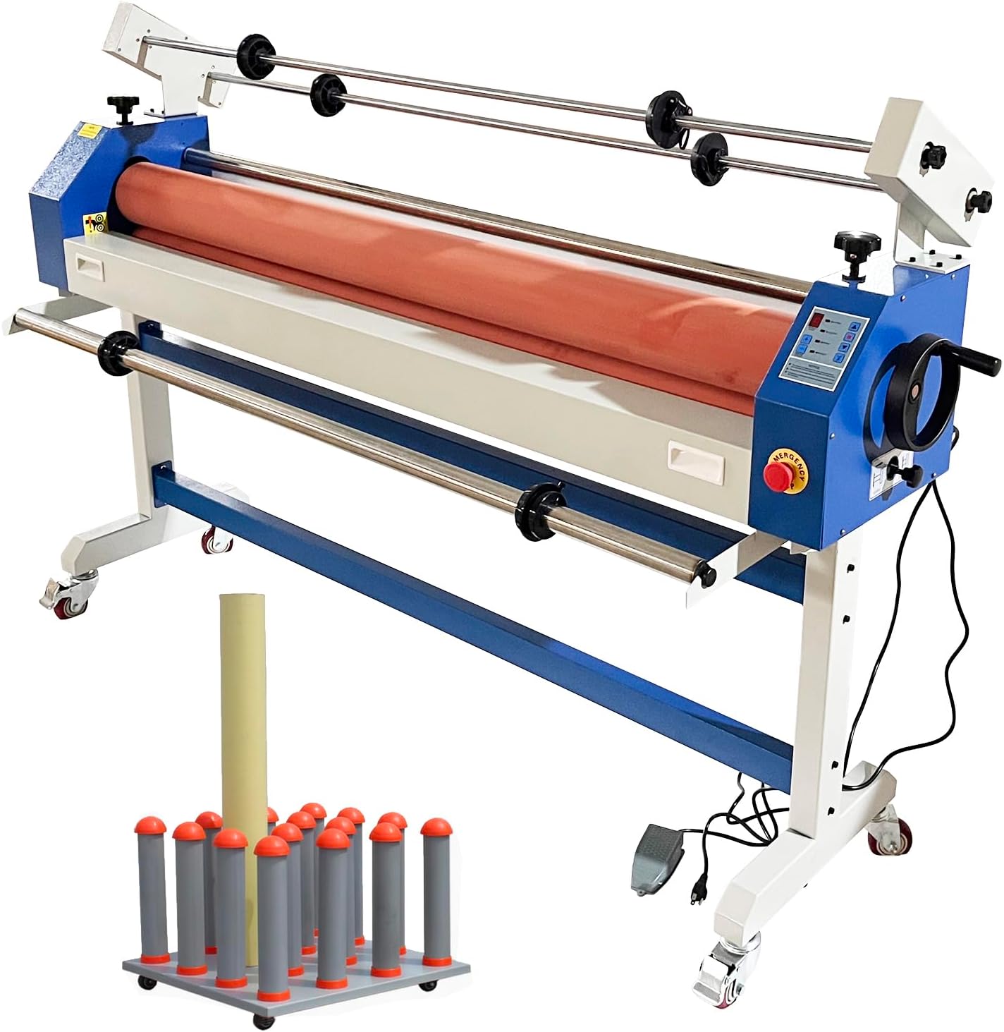 51in Cold Laminator Machine & 16-Pole Vinyl Roll Storage Cart Combo, Electric/Manual Cold Laminating Machine with Self-Peeling Film System, Mobile Material Rack Cart for Vinyl Rolls Organize