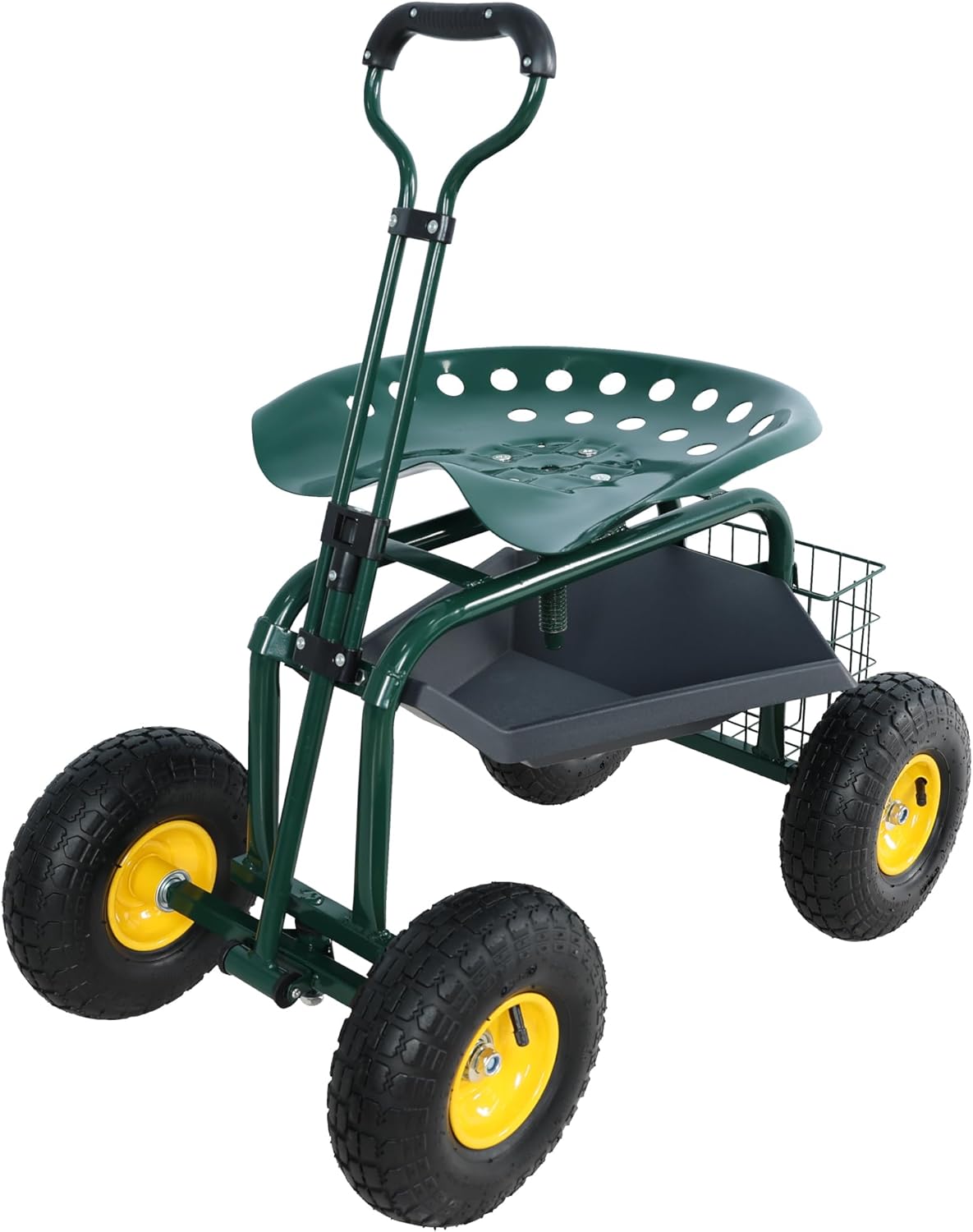 Garden Trolley Rolling Work Chair with Wheels, Garden Stool for Planting, 360 Degree Swivel seat, Station Wagon Scooter with Steering Handle and Utility Tray, for Yard and Outdoors