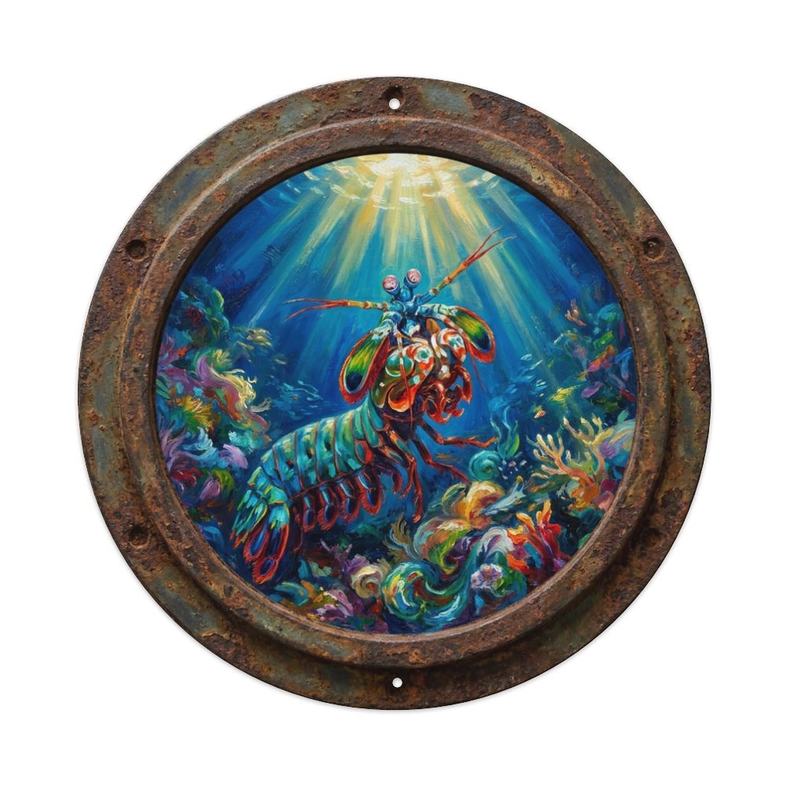 Fyrn Style Metal Tin Sign Vintage Porthole Mantis Shrimp Strike Ship Window Undersea Deep Sea