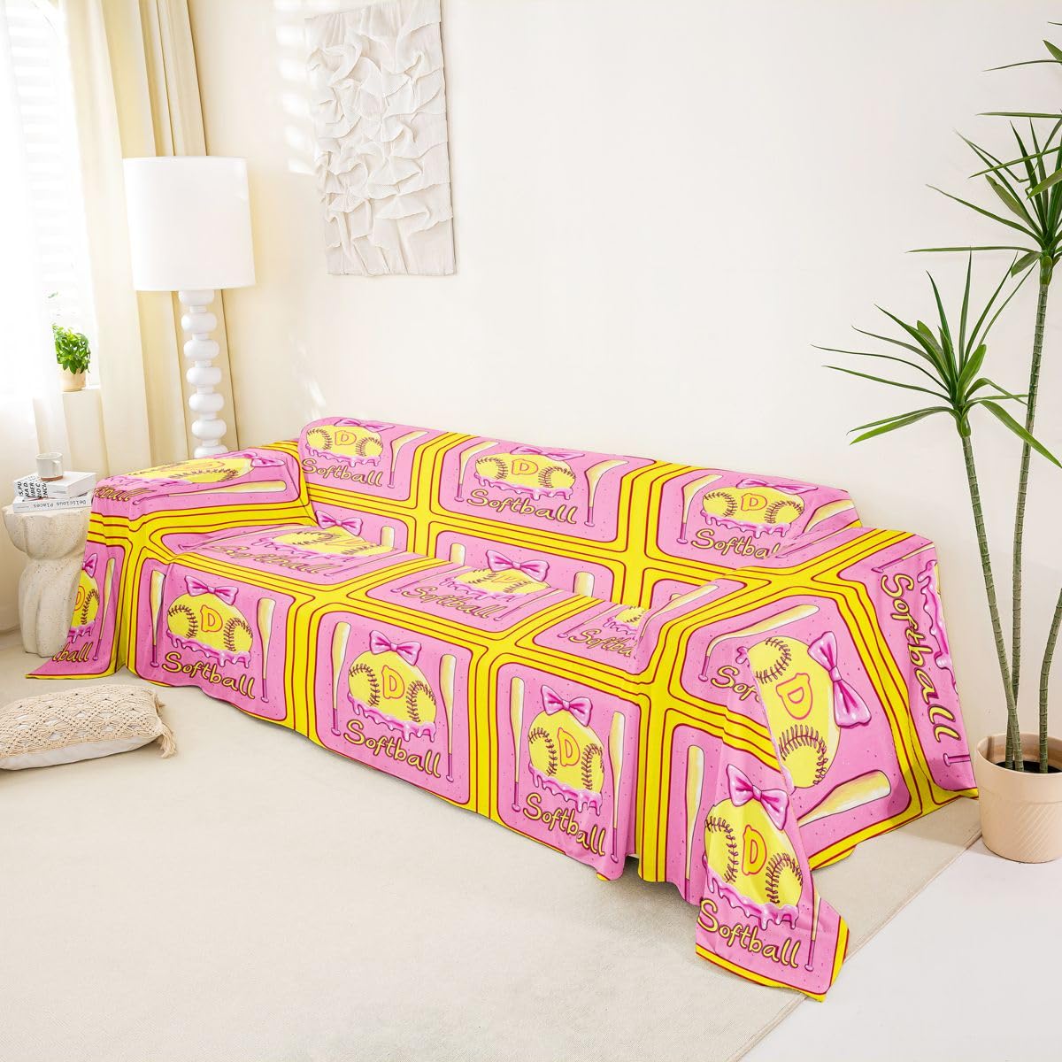 Homewish Różowy pokrowiec na sofę z lodami, litera D, przyjazna dla zwierząt domowych, poszewka na poduszkę, urocza kokarda, pączek, deser, sofa, pokrowiec na meble, dla zwierząt domowych, dzieci, 180
