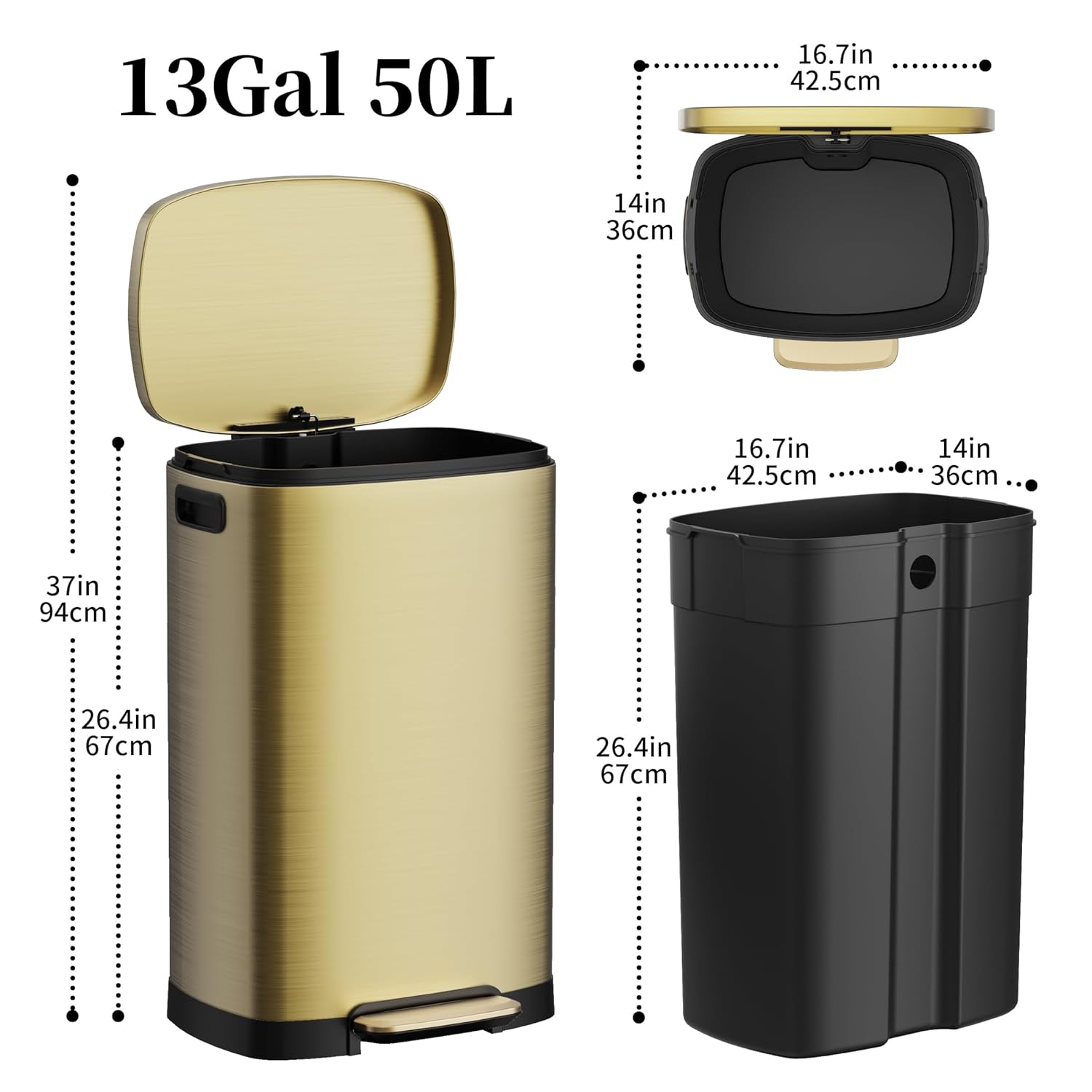 KSSKSS 13 Gallon Trash Can with Lid,Fingerprint-Proof Stainless Steel Kitchen Trash Can with Soft-Close Lid and Removable Inner Bucket,Titanium Gold
