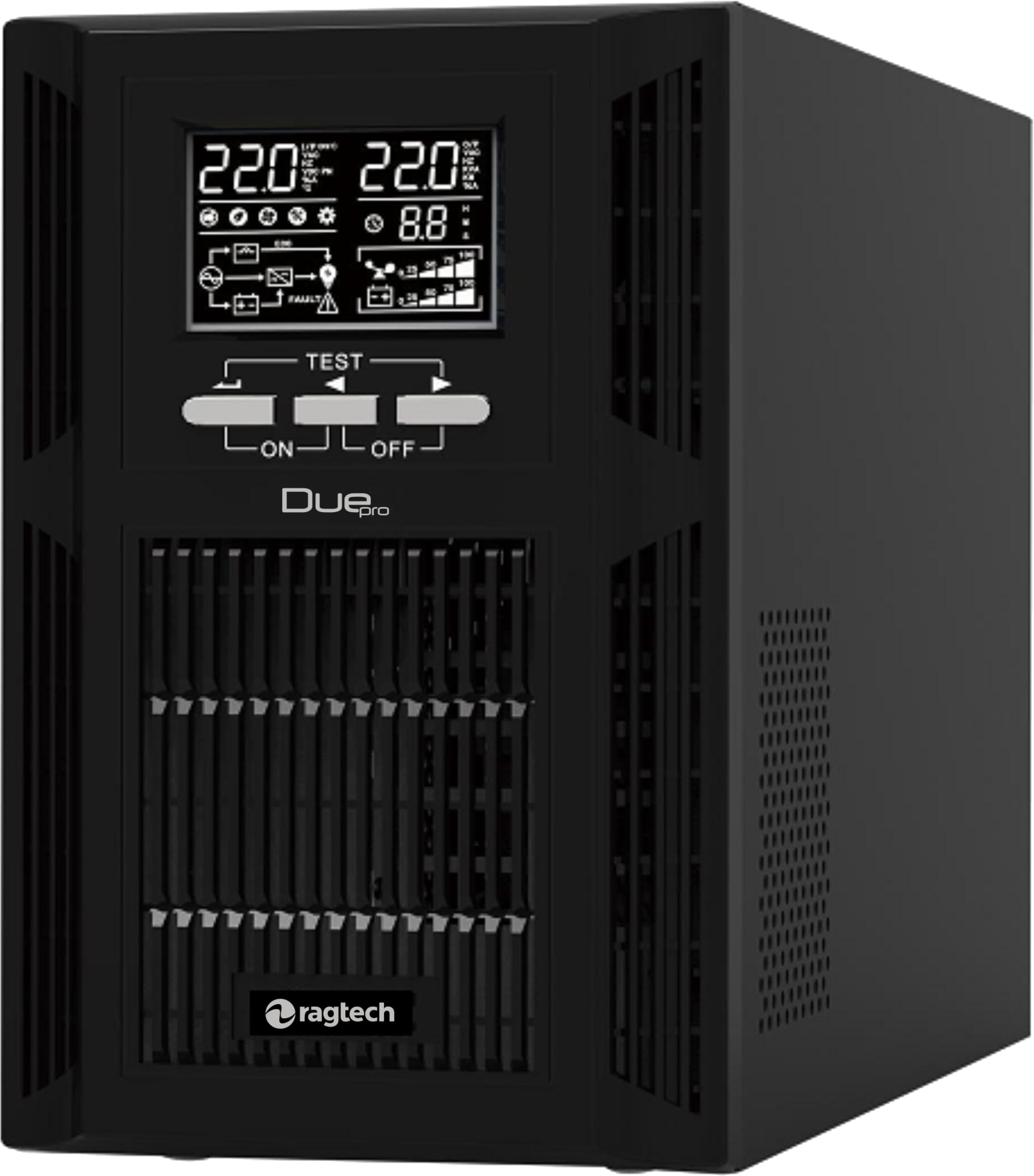 RAGTECH – Nobreak Dupla Conversão Torre DUE PRO 3000 – 3.000VA/3.000W – 6 baterias de 12V/7Ah – 120V – 6 tomadas – Modelo 4521