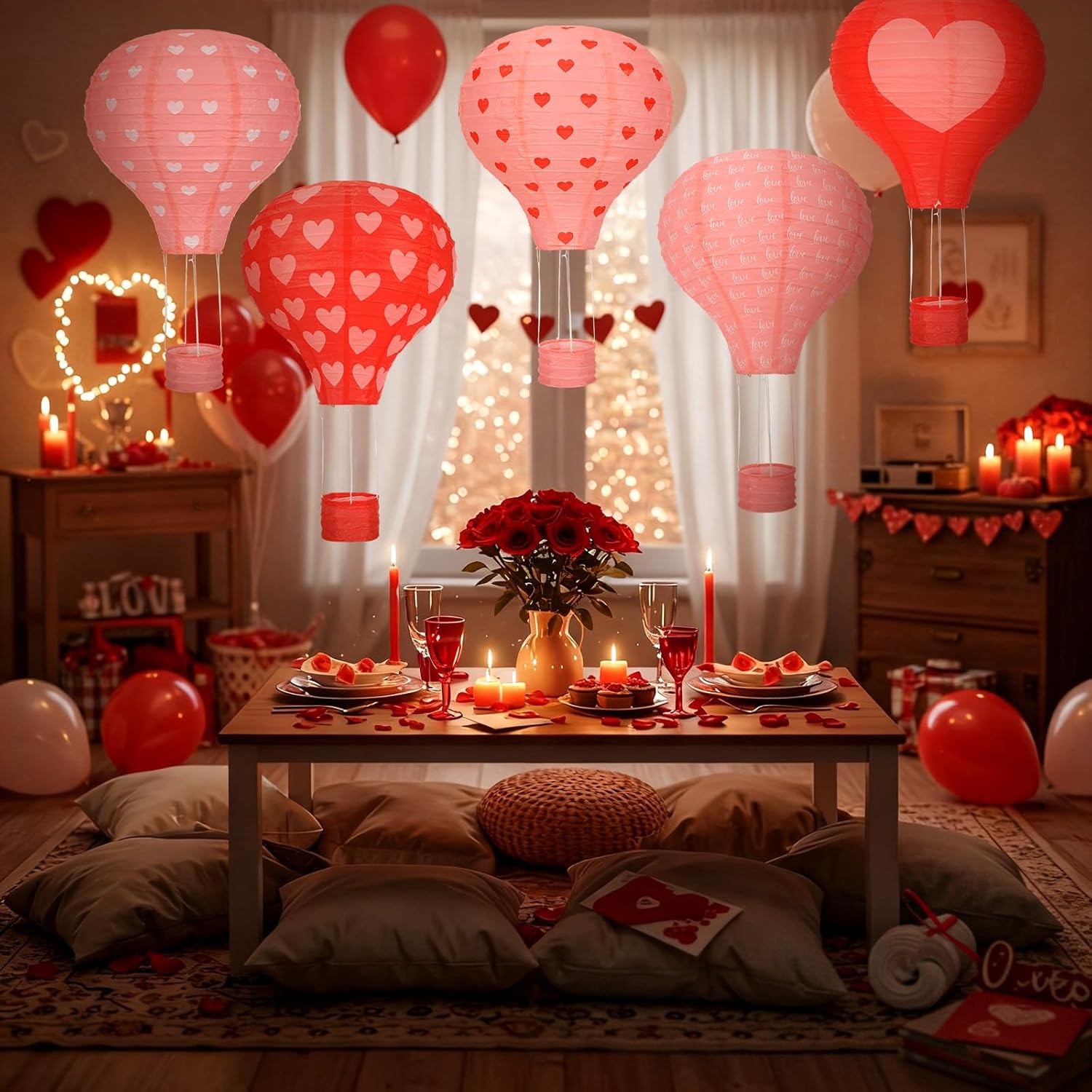5 Pieces Valentines Hanging Hot Air Balloon Paper Lanterns Set 12 Inches Hanging Valentines Party Decorations with Red Pink Heart Design for Wedding Bridal Shower Bachelorette Party Home Decor
