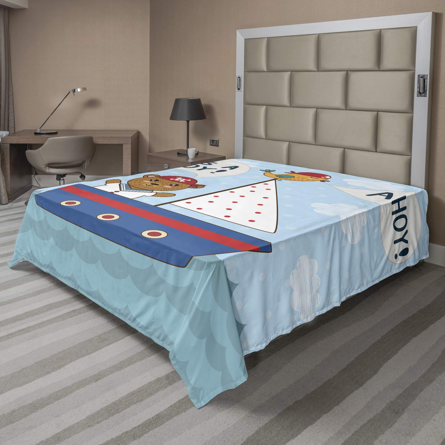 Ambesonne Ahoy Its a Boy Flat Sheet, Shower Theme It's a Boy in Nautical Style Bear and Bird in Boat, Soft Comfortable Top Sheet Decorative Bedding 1 Piece, California King, Multicolor