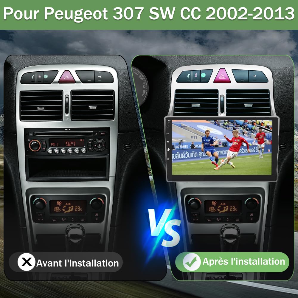 AWESAFE Autoradio Android 15 pour Peugeot 307 307CC SW (2002-2013) [6Go+128Go] avec CarPlay sans Fil/Android Auto 9" écran Tactile, Wi-FI/GPS/FM/RDS/DSP, Commandes au Volant