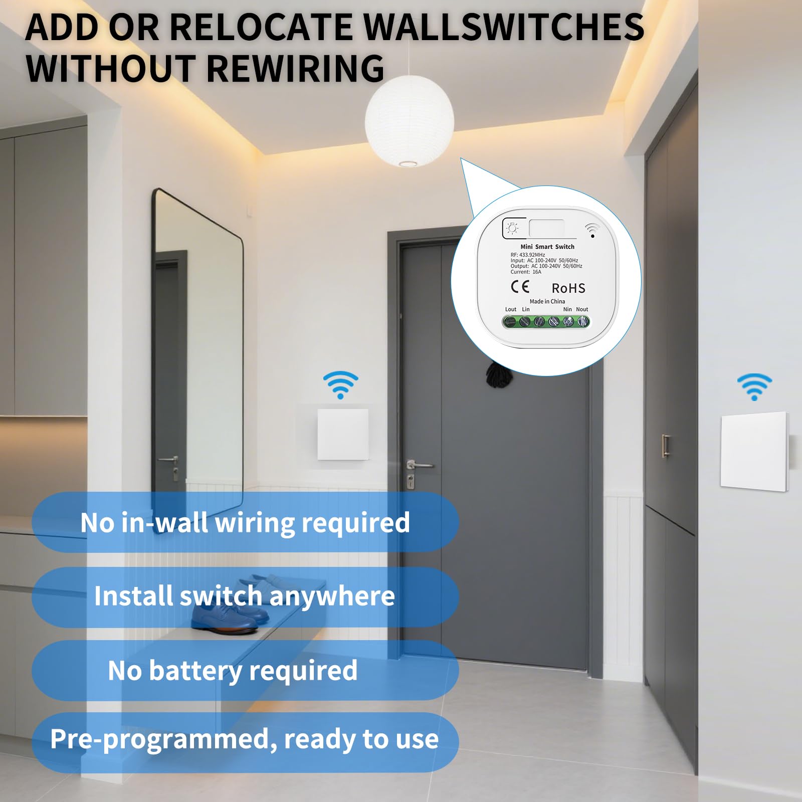 Interruptor de luz inalámbrico 230 V con receptor sin batería, juego de interruptor inteligente inalámbrico AC 100-240 V, interruptor de luz inalámbrico 10 A RF433, interruptor inalámbrico para