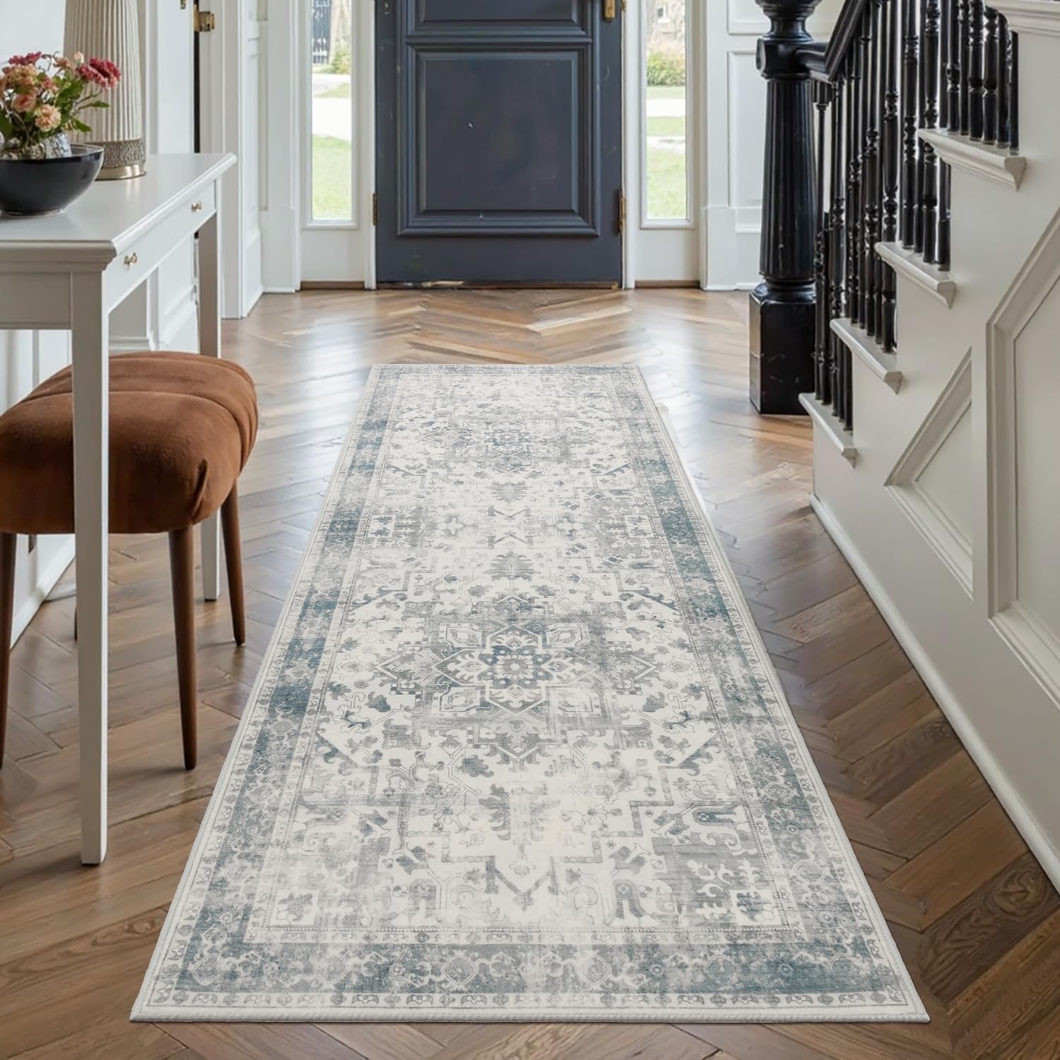 2x5 Hallway Runner Rug, Non Slip Boho Runner Rugs for Hallway, Kitchen, Entrance, Bathroom, Laundry Room, Soft Ultra-Thin Entryway Carpet, Throw Low Pile Retro Imitation Wool Carpet, Blue Grey