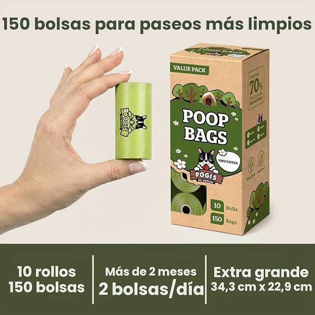 Foto 6 de 8 de Pogi bolsas para excrementos de perro - sin perfume, grandes y herméticas - 10 rollos (150 bolsas)