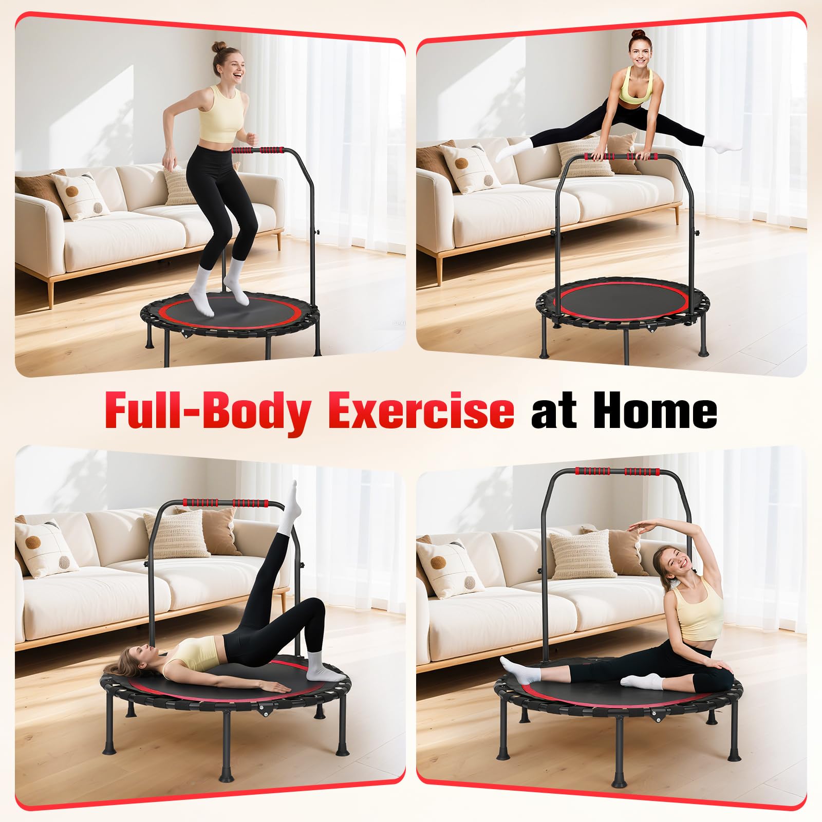 Trampolini da fitness, mini trampolino da 101 cm, capacità di carico 200 kg, trampolino elastico portatile per esercizi con maniglia in schiuma regolabile (Rosso)
