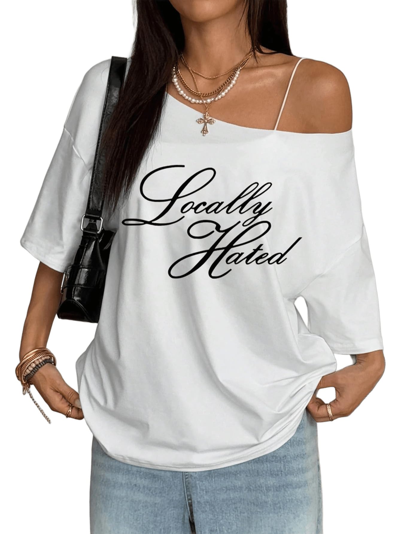 sxv style Women's Off-Shoulder Graphic T-Shirt, Locally Hated Print, White, Casual Style-picture-36