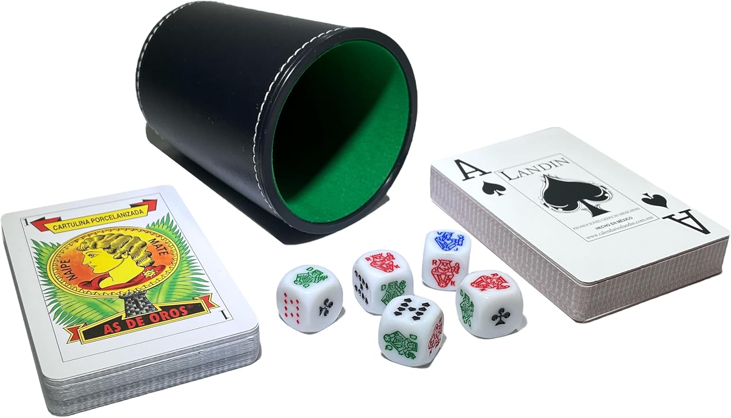 Artist Unknown Poker Dice Cup Leather Cubilete with Premium Spanish Naipes and Poker Playing Cards Deck Casino Game Bundle