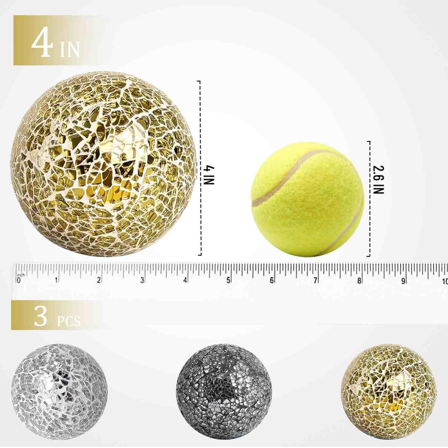 Juego de 3 bolas de cristal decorativas de 4 pulgadas, esfera de mosaico para artículos del hogar, boda/cumpleaños, cuencos, jarrones, centros de mesa de comedor (plateado, negro, dorado)