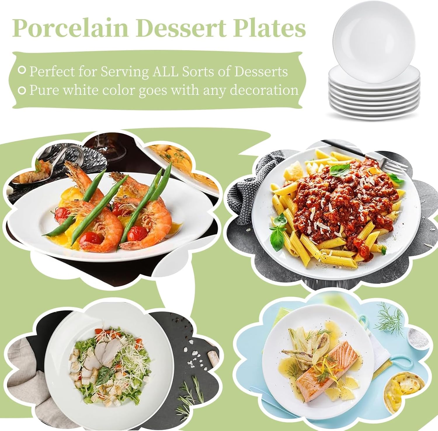 Ceramic Dessert Plates Set of 8, 6 Inch White Appetizer Plates