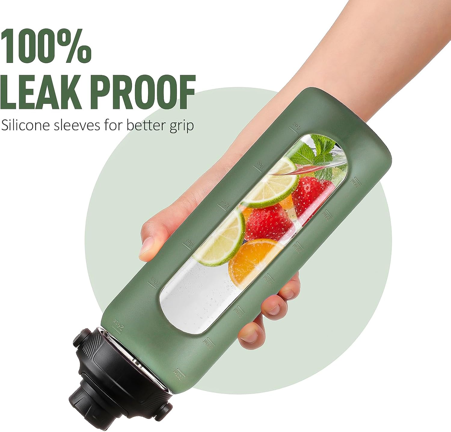 24oz Glass Water Bottle with Straw and 2 Lids-Bamboo and Spout Lid, Borosilicate Glass Water Bottle with Silicone Sleeve and Time Marker,BPA Free & Cupholder Friendly,Olive - Image 4