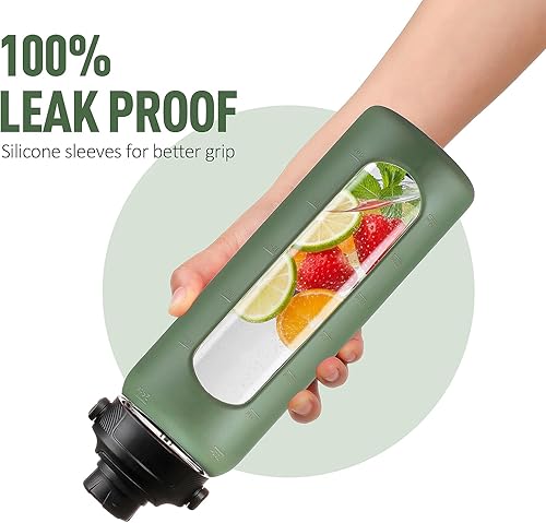 Miniatura 4 de Botella de agua de vidrio de 24 onzas con popote y 2 tapas, tapa de bambú y boquilla, botella de agua de vidrio de borosilicato con funda de