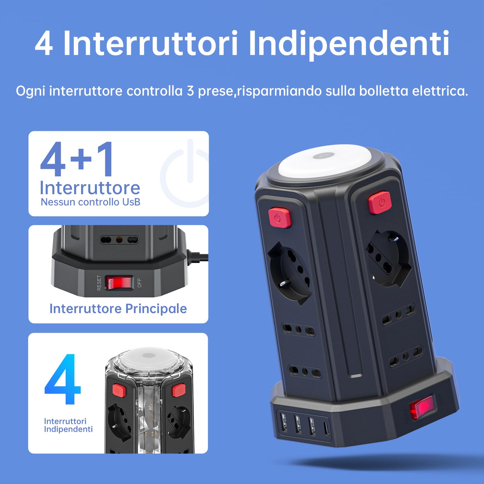 3 m Steckdosenleiste mit Nachtlicht 12 Universalsteckdosen 10/16 A ITA und Schuko und 3 USB A + 1 USB C Überspannungsschutz mit 4 unabhängigen Schaltern für Büro, Zuhause