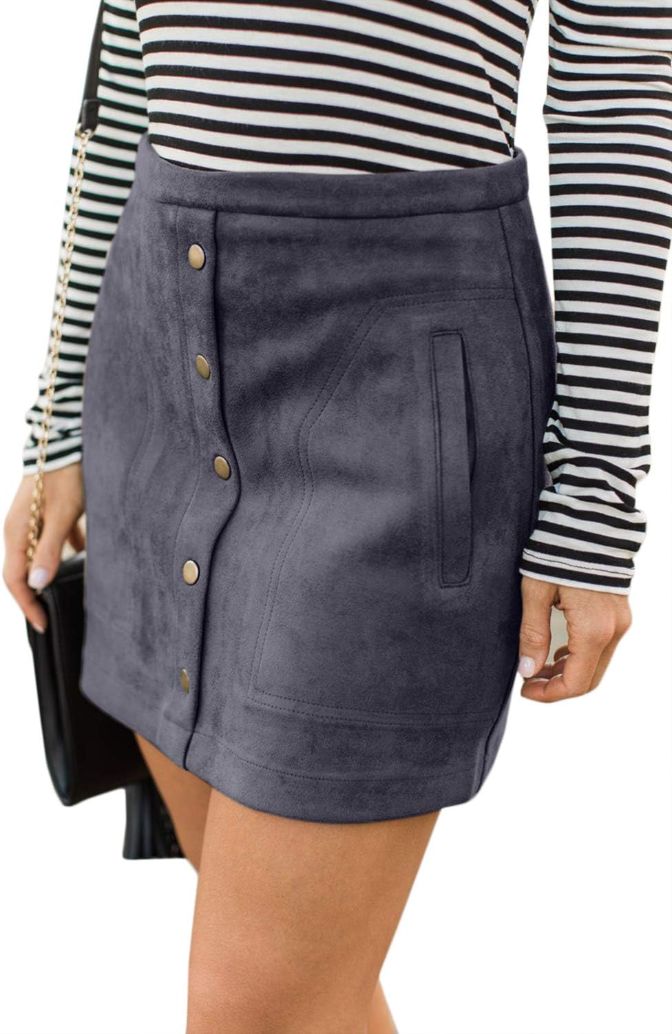 Meyeeka Women's Button Front Faux Suede High Waist A-line Mini Skirt with Pocket - Image 3