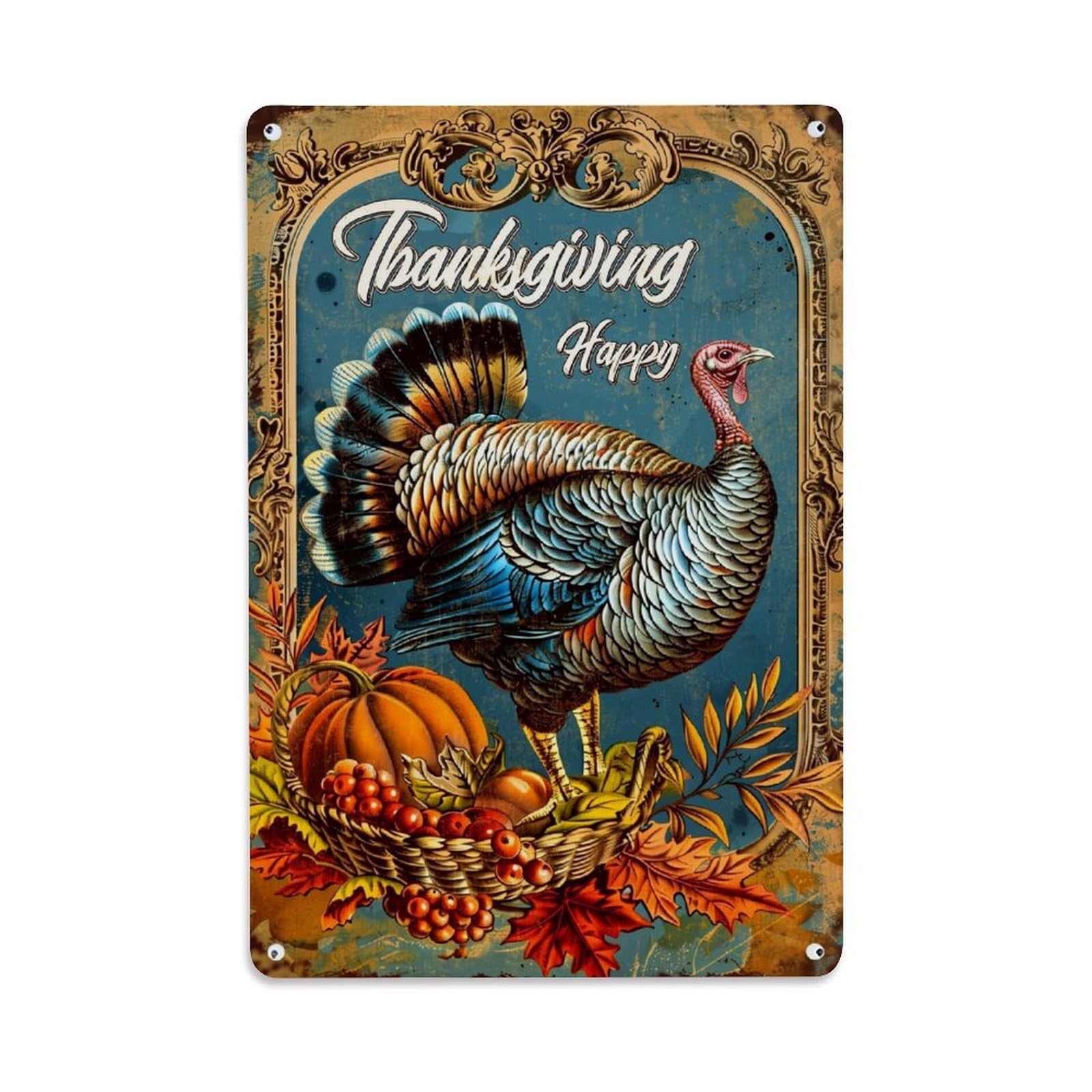 Jdfenggu Vintage Thanksgiving Turkey Autumn Harvest Basket Retro Metal Tin Sign, Decor Art Poster For Bar, Home, Man Cave, Kitchen, Laundry Room Gift 8X12inch