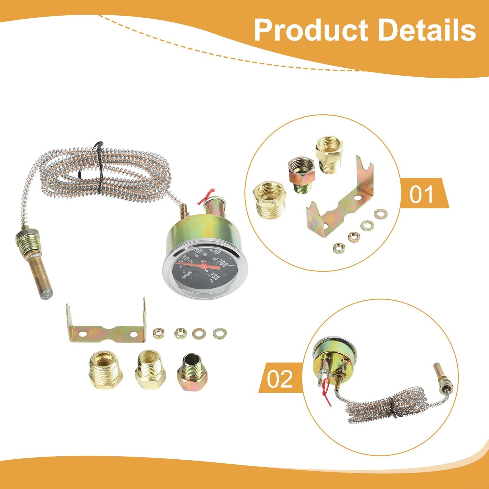 Jauge de température de l'eau de 52 mm pour voitures, bateaux, thermomètre de liquide de refroidissement de moteur mécanique de 50 à 140 °C avec câble de 1,8 m de construction en métal