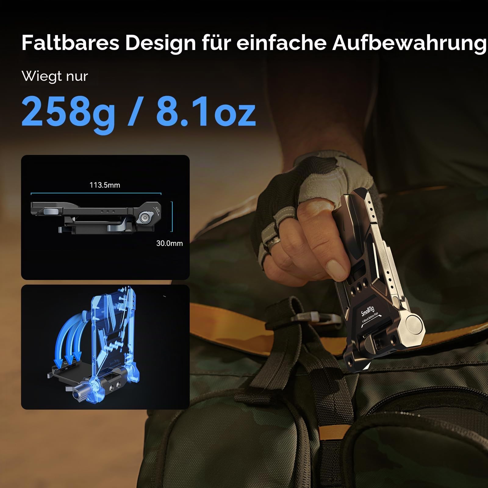 SMALLRIG V-Mount Battery Plate, V-Lock-Akku-Montageplatte mit doppelter Schnellwechselplatte für Arca-Swiss, kompakte und faltbare L-förmige V-Mount-Akkuplatte für DSLR-Kamera, Gimbals, Stativ – 4064B