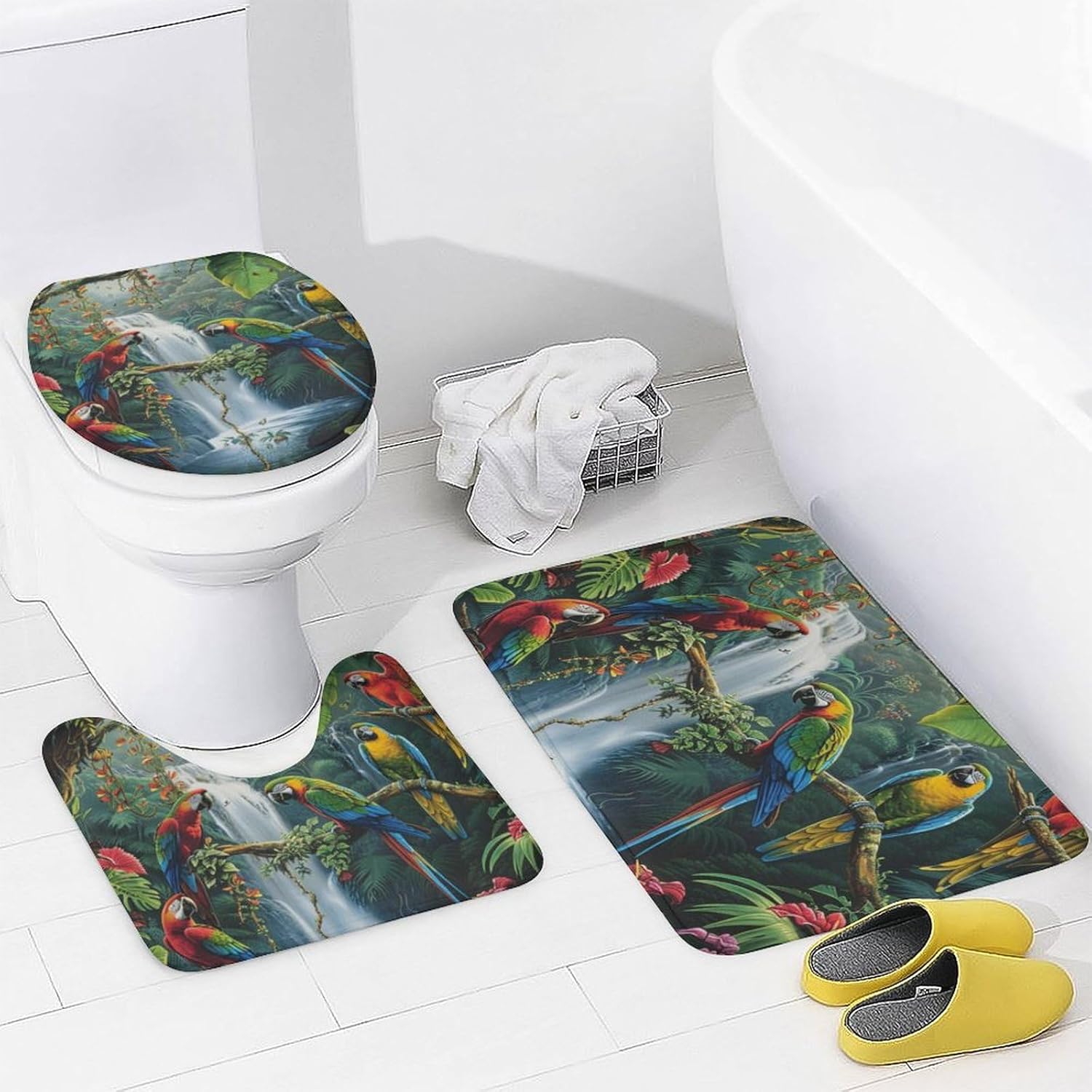 4Pcs Floral Forest Parrot Shower Curtain Set with Rugs, Toilet Lid Cover and Bath Mat, Bird Tropical Palm Tree Waterfall Bathroom Curtains Decor Shower Curtains, 72" x 72"