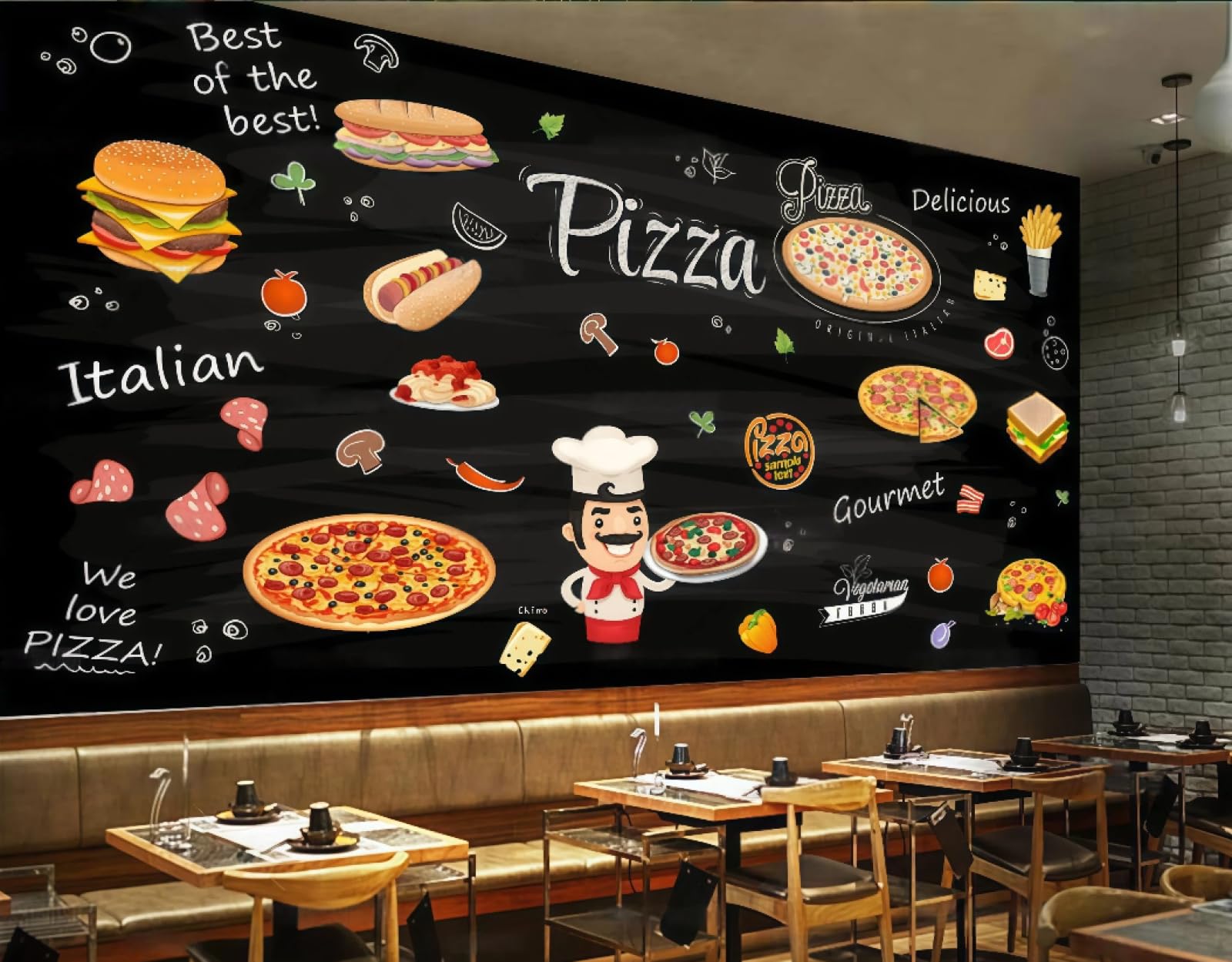 XDOUBAO Wallpaper Hand-Painted Blackboard Delicious Pizza Burger Theme Dessert Bakery Afternoon Tea Western Restaurant Background Wall Wallpaper Coffee Shop Mural,3D,200x140cm