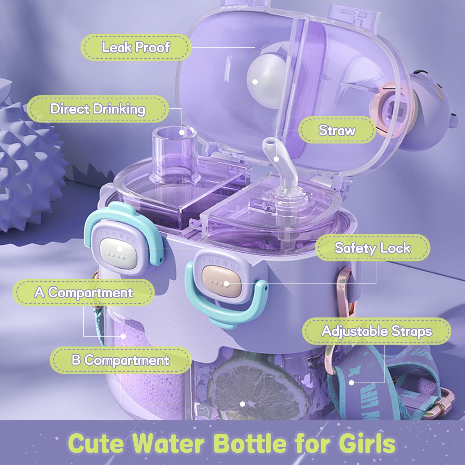 monoan Cute Water Bottle for Girls, 26oz Kawaii Water Bottle with Compartment, Kids Bottles with Straw and Strap, BPA-Free, Leak-Proof Plastic Drinking Cup, Gift for Kids & Girls (Purple)