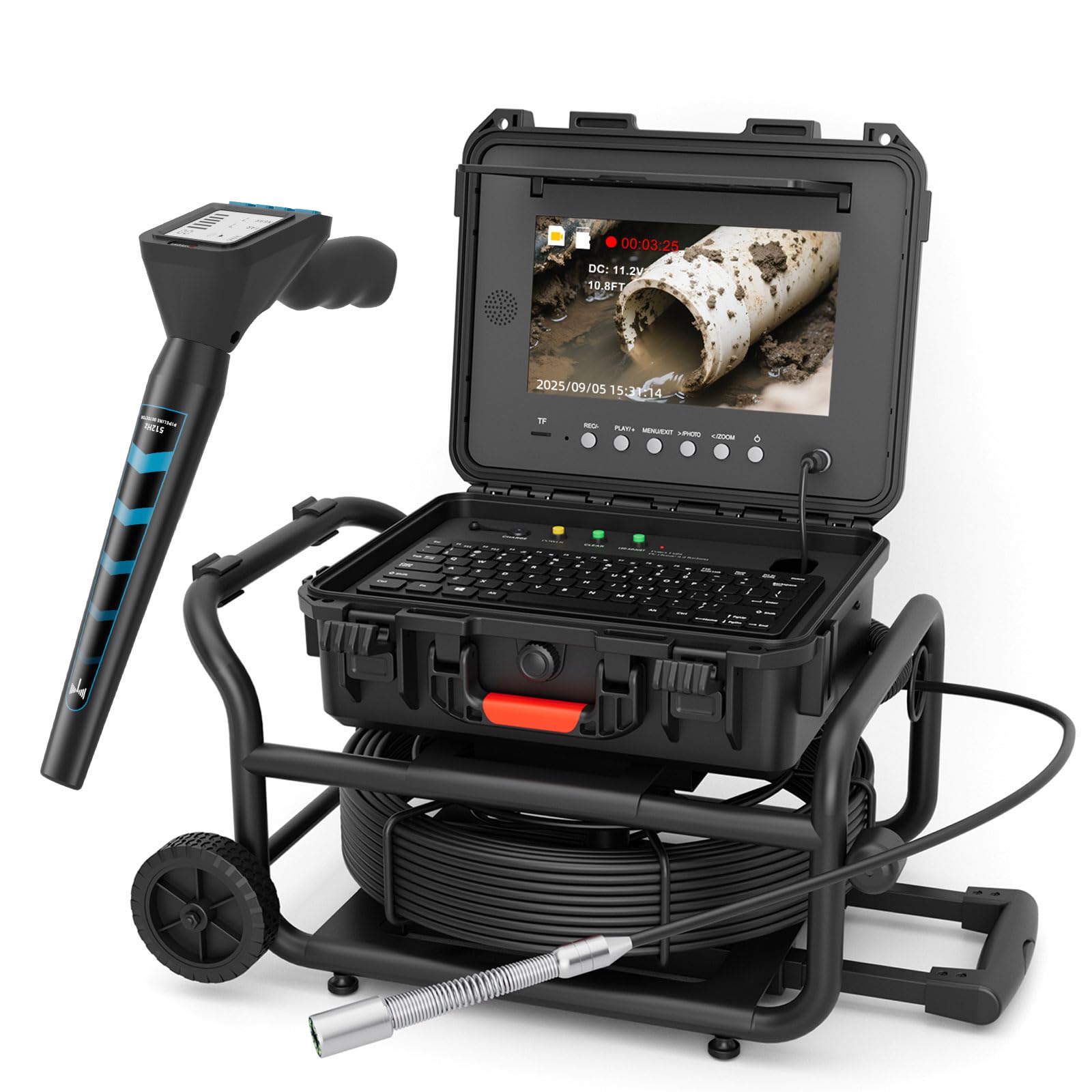 Professionelle Kanalkamera und 512hz Ortungsgerät Kit, HD Rohrkamera 50m Kabel (7 mm Dickem) mit Meterzahlangabe, Selbstnivellierend, 512-Hz-Sender Kamerakopf, Abfluss-Endoskop mit Einziehbarem Griff