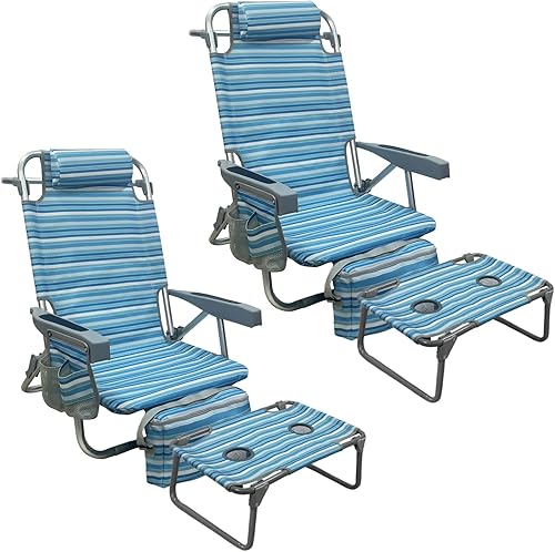 Silla de playa tipo mochila de aluminio, paquete de 2 con mesa de camping plegable, 5 posiciones, silla de descanso plana para exteriores para