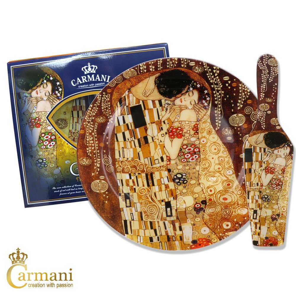 CarmaniRound Glass Cake Set with 'The Kiss' by Gustav Klimt 27cm