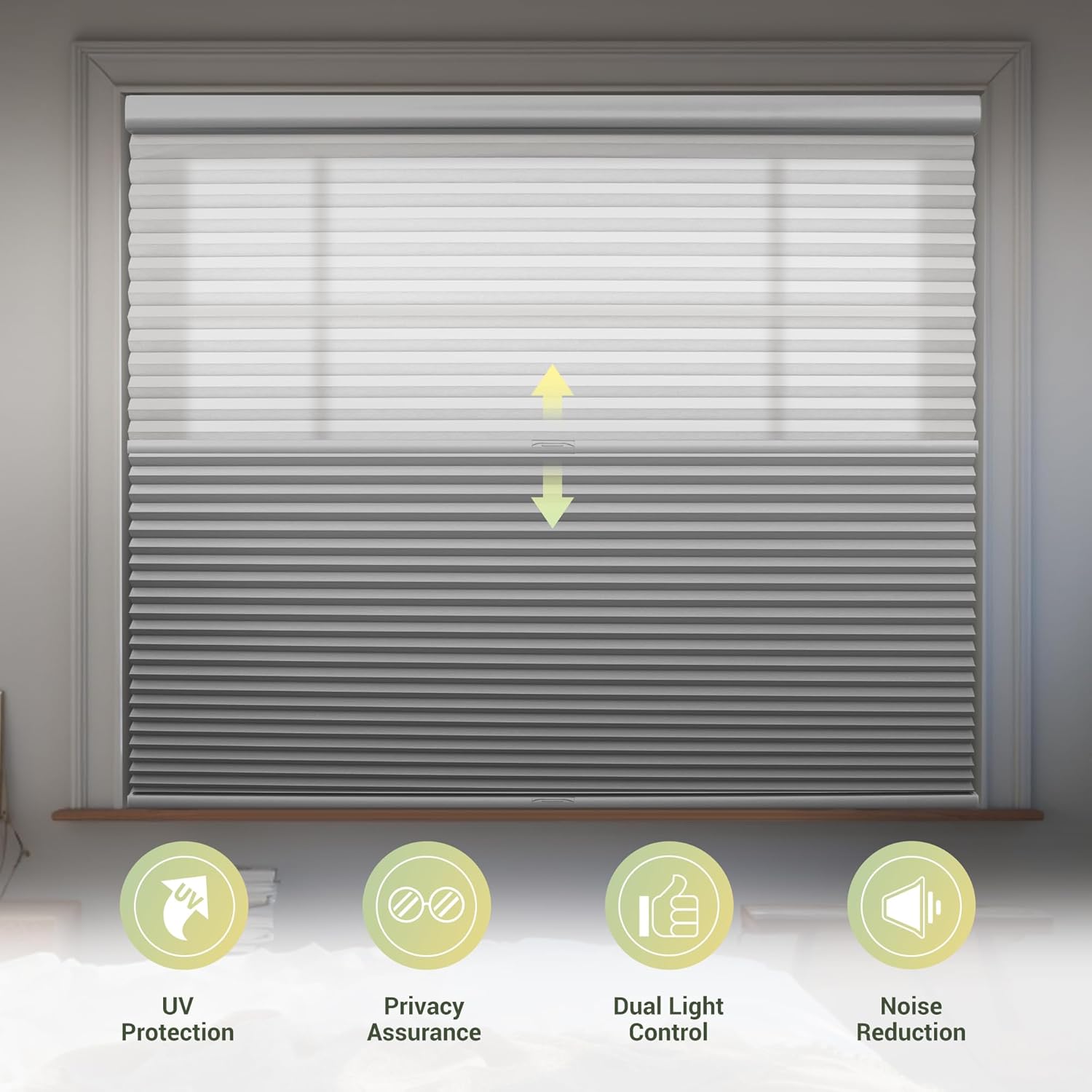 Boolegon Day Night Cordless Cellular Blinds Blackout & Light Filtering Double Honeycomb Shades Dual Shades Thermal Insulation Cellular Shades for Windows, White, Custom Size.
