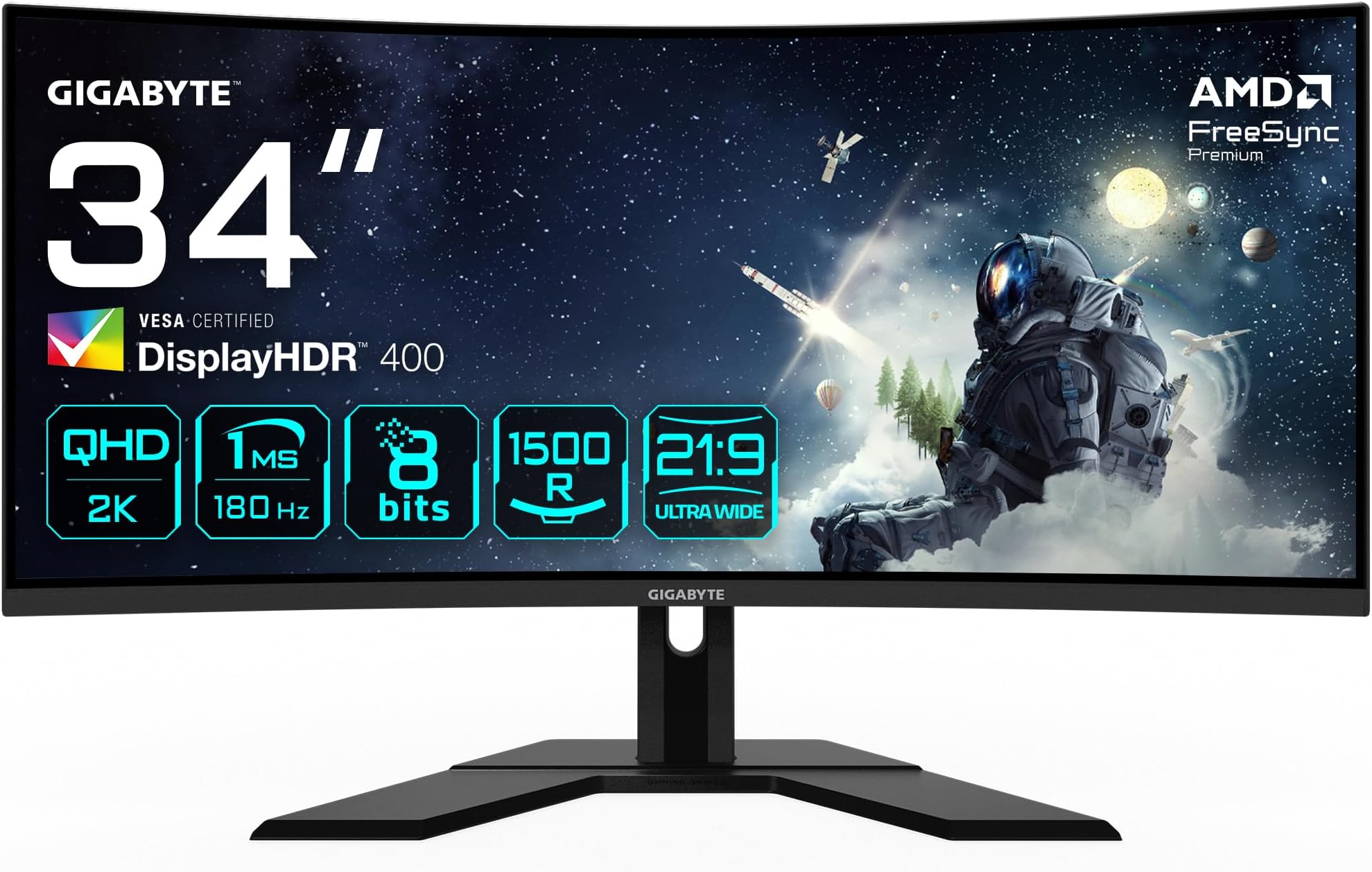 Gigabyte G34WQCP 34" WQHD Curved Gaming Monitor - 3440 x 1440, 1500R, 180Hz, 1ms, 350 cd/m2, AMD FreeSync Premium, DisplayHDR 400, HDMI 2.0, DisplayPort 1.4