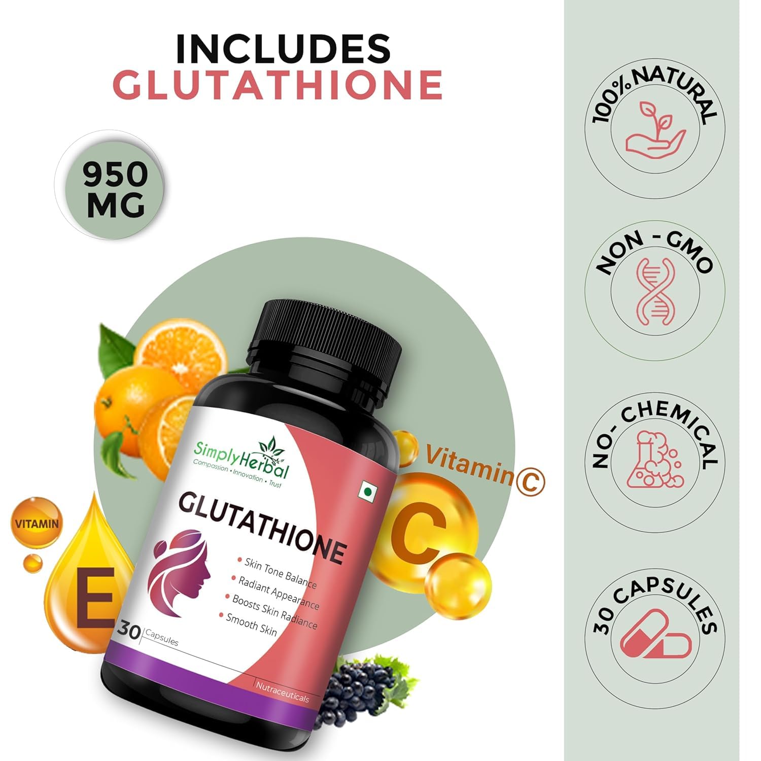 simply herbal glutathione Simply Herbal L Glutathione 1000mg Capsules With Vitamin C & E for Glowing  & Brightening Healthy Skin Immune Support, Antioxidant Support,