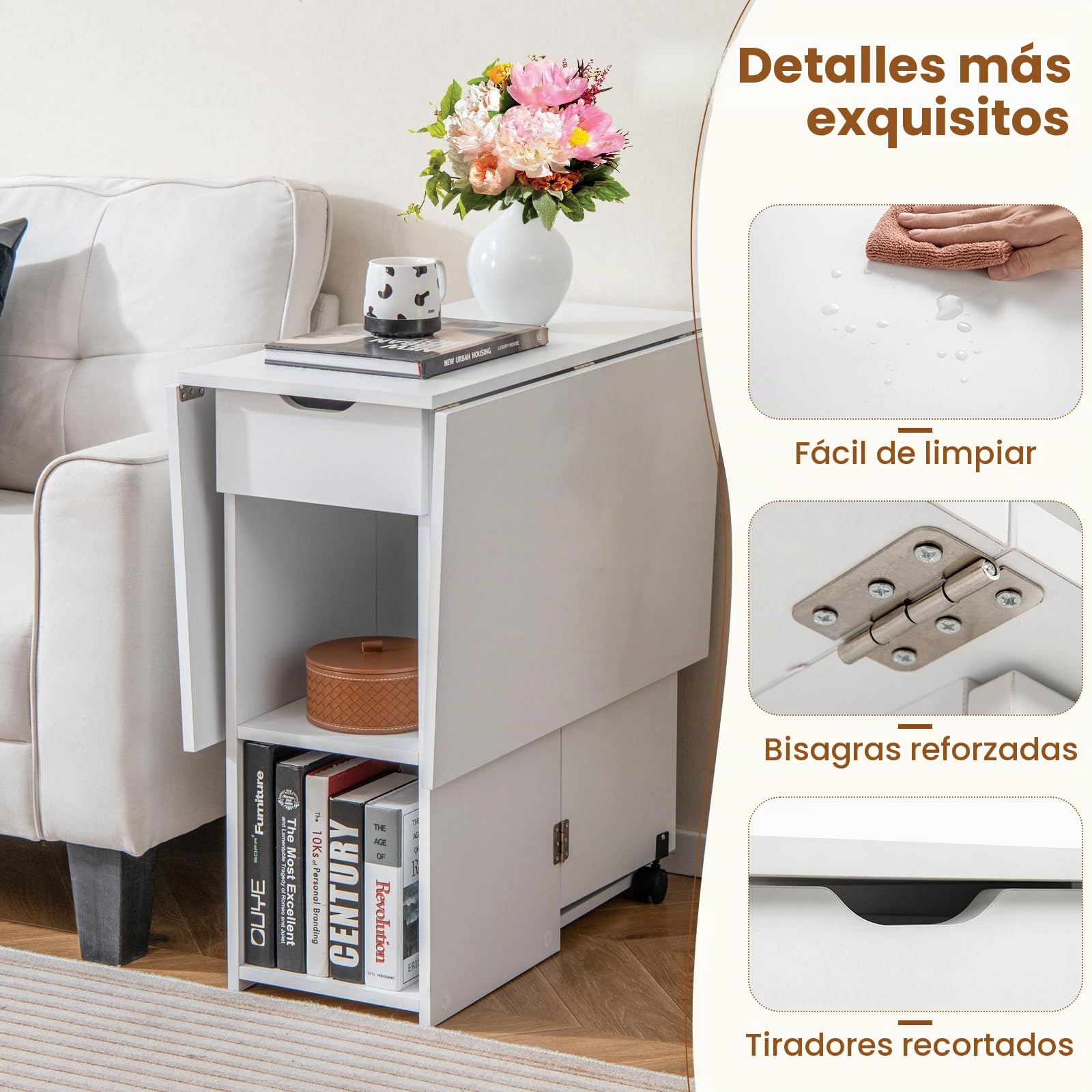 LIFEZEAL Mesa de Comedor Plegable 3 en 1, 120x77cm, Mesa de Cocina para 4-6 Personas, Mesa Extensible con 2 Ruedas, 1 Cajón, 2 Estantes, para Comedor, Sala de Estar (Blanco)