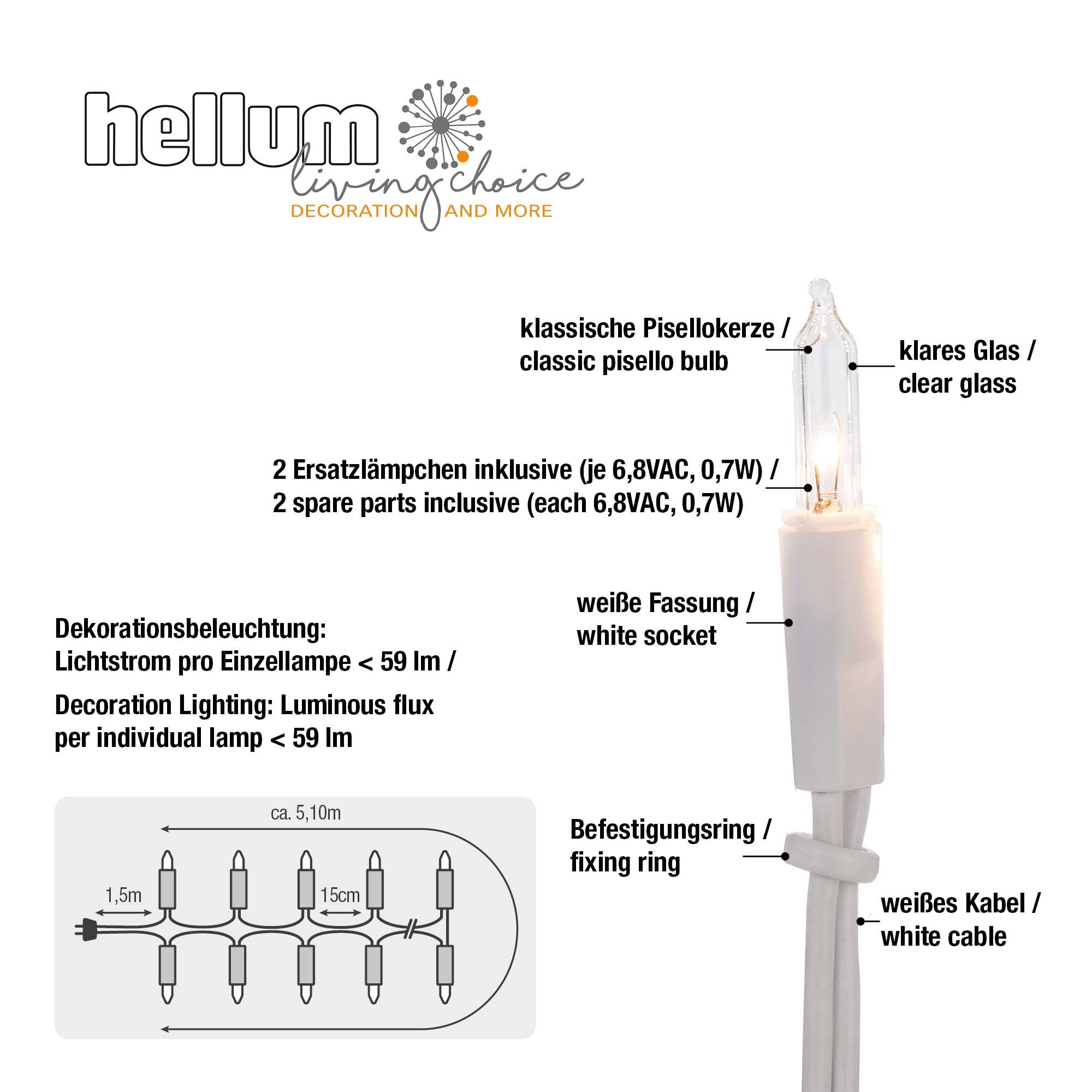 Hellum Catena luminosa interni, catena di luci di Natale, corrente 230V, con 35 lampade chiaro a forma tradizionale, 5,1m di cavo bianco, luci di natale, illuminazione decorativa 833584