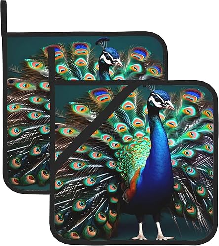 Juego de almohadillas calientes de 8 x 8 pulgadas con estampado de pavo real, antideslizante, resistente al calor, para hornear cocinar y cocinar