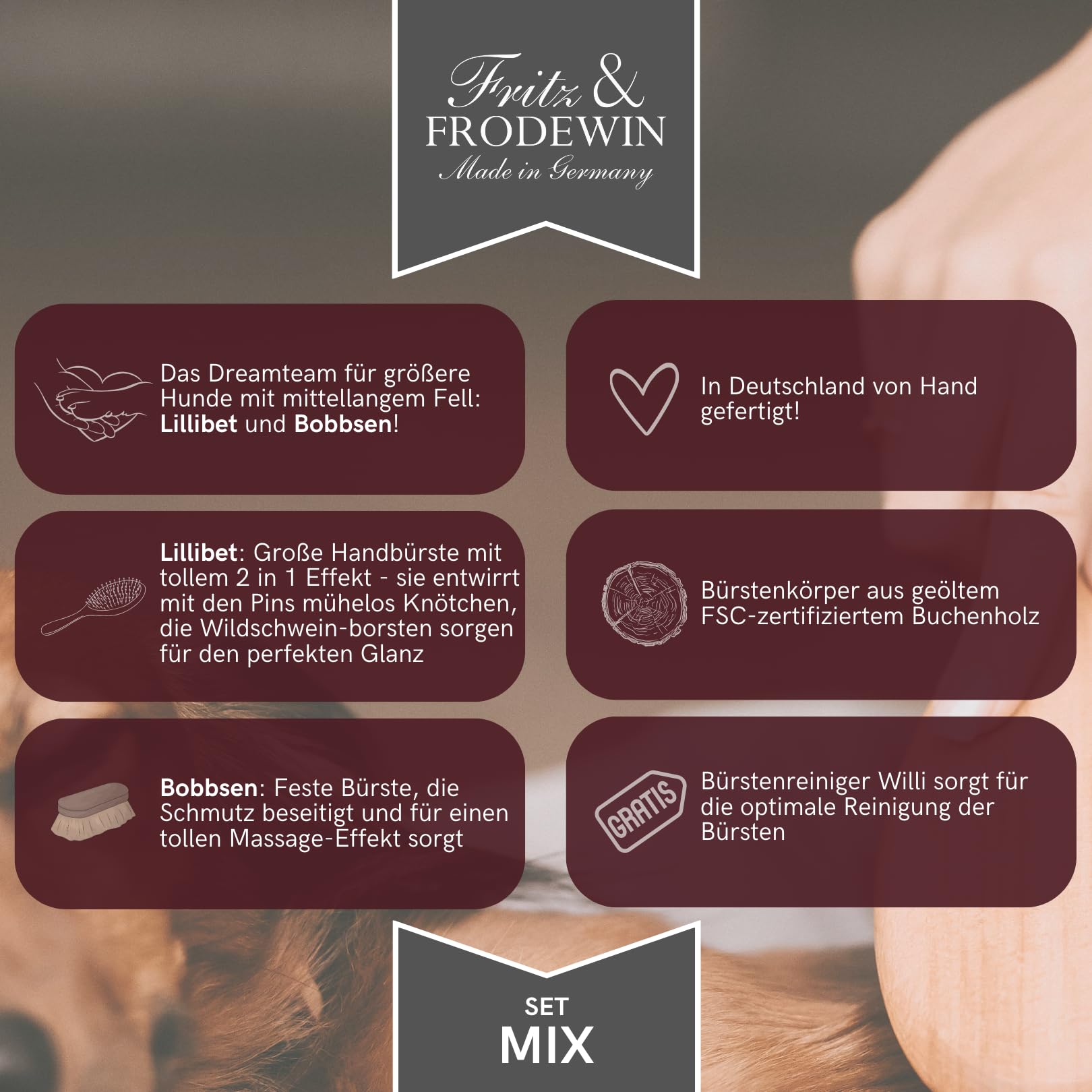 Fritz & Frodewin Hundebürsten-Set "Mix" | Premium Hundehaarbürsten für langhaarige Hunde | Für die tägliche Pflege | FSC zertifiziertes Holz | Gratis Bürstenreiniger | 100% Made in Germany