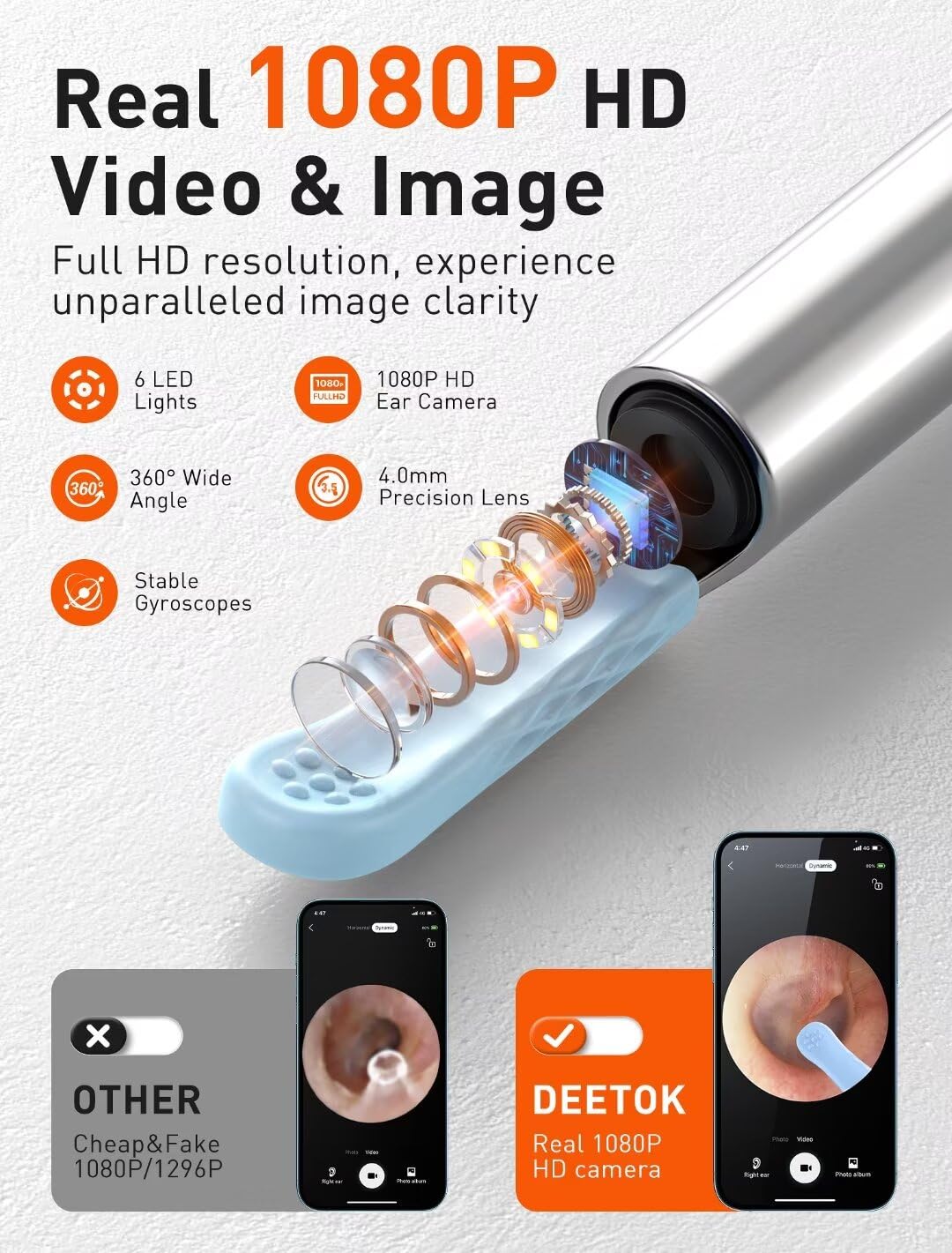 Ear Wax Removal, Ear Cleaner with Camera, Ear Wax Removal Kit with 1080P, Ear Camera Otoscope with Light, Ear Cleaning Kit with 50 Replacement Tips for iPhone, iPad, Android Phones (Gray)