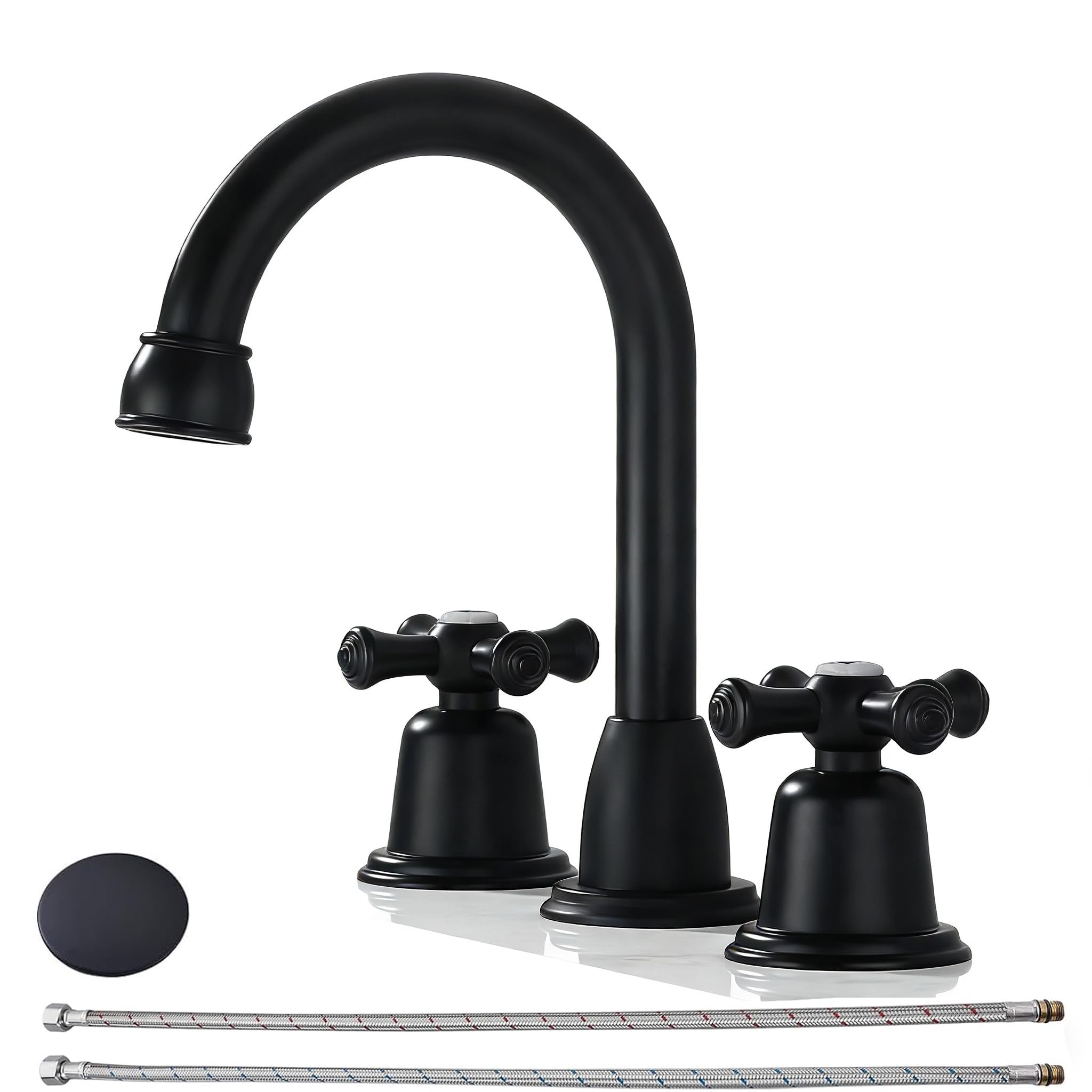 RKF CWF039-MB - Grifos de baño para fregadero de 3 agujeros, color negro mate, 8 pulgadas, llave de fregadero de baño generalizada con desagüe, 2 asas, pomos cruzados, grifo mezclador para lavabo con